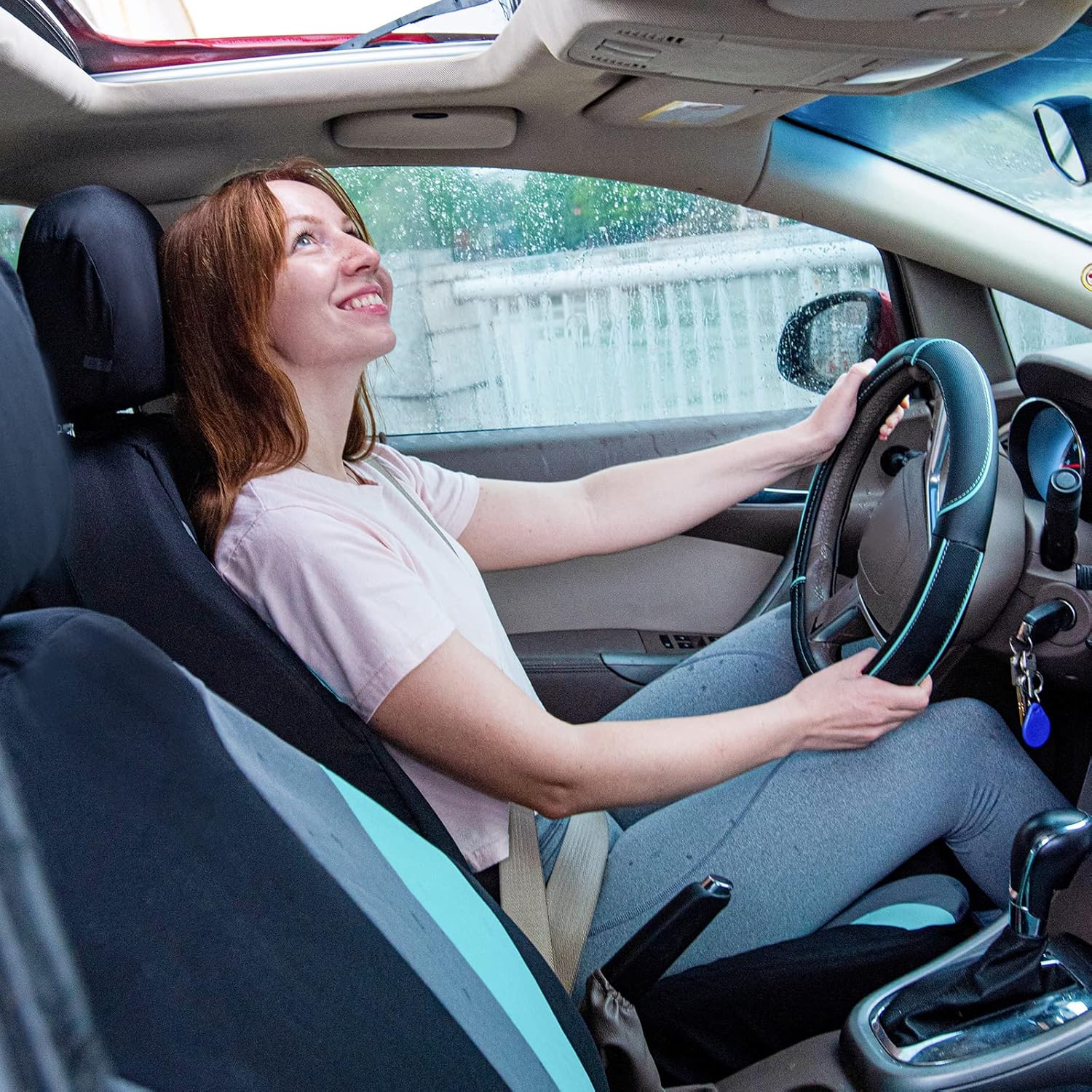 Car Pass Colour Piping Leather Universal Fit Steering Wheel Cover,Perfectly fit for 14.5-15 inches for Various Vehicles SUVs,Vans,Sedans,Cars (Black & Mint) - Image 9