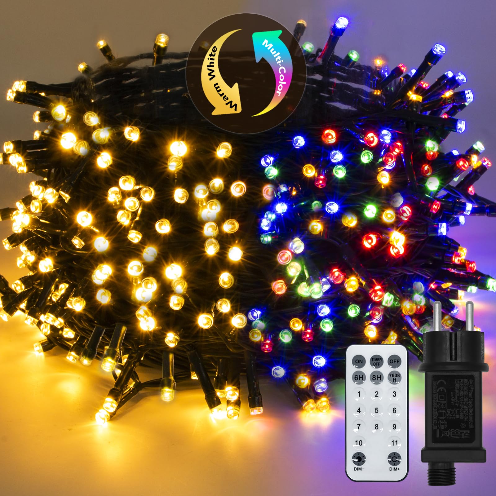 Guirlandes Lumineuses de Noël 50 m, 500 LED, Guirlande Lumineuse avec 11 Modes, IP44, Décoration pour Noël, Fête, Mariage, Patio, Jardin, Festival (Blanc Chaud et RVB)