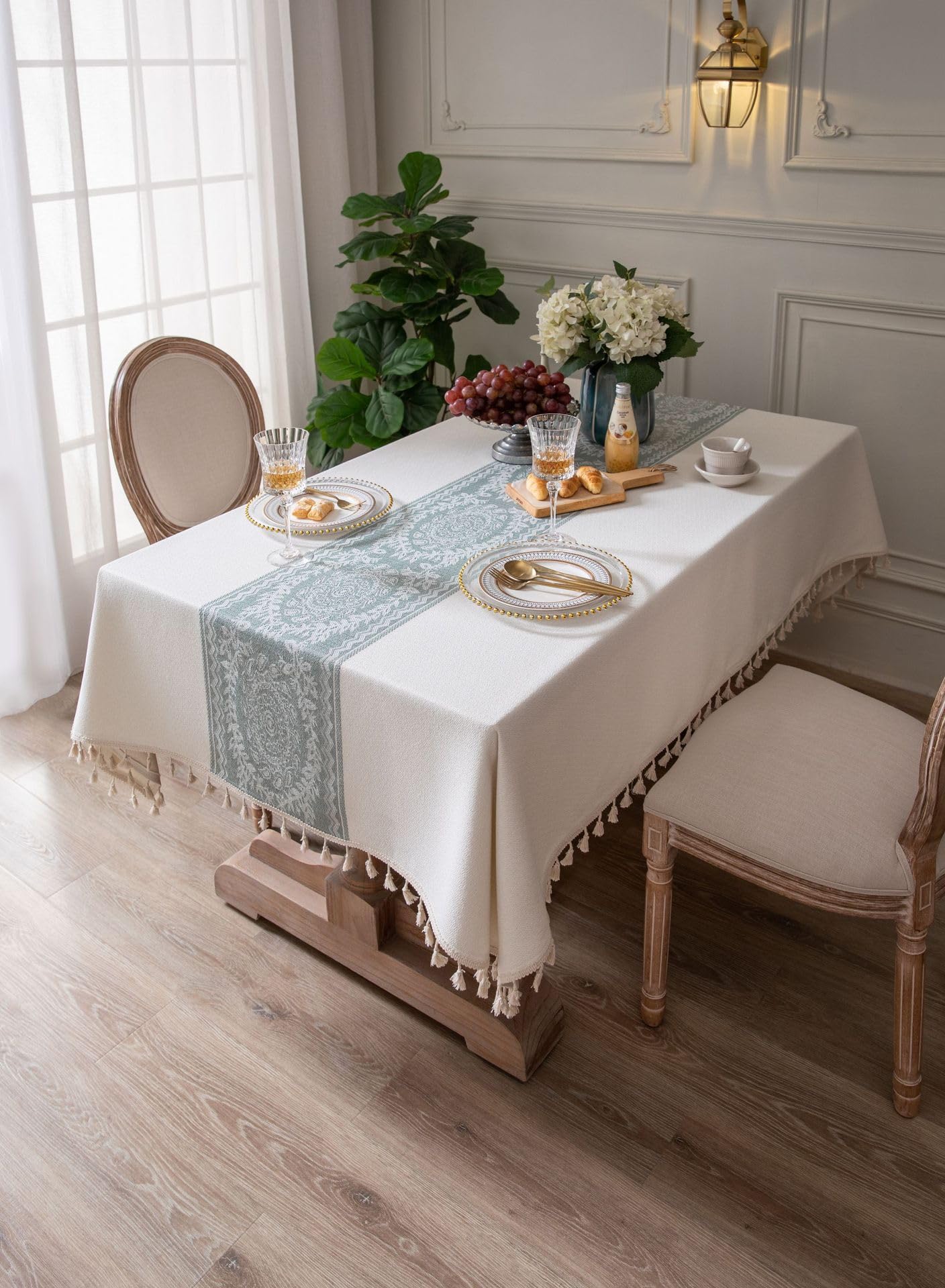 Tovaglia Rettangolare In Cotone E Lino, Lavabile, Con Frange, Impermeabile, Grigio Quadretti, 140x304 Cm, Per 10-12 Posti, Adatta A Pranzi E Cene
