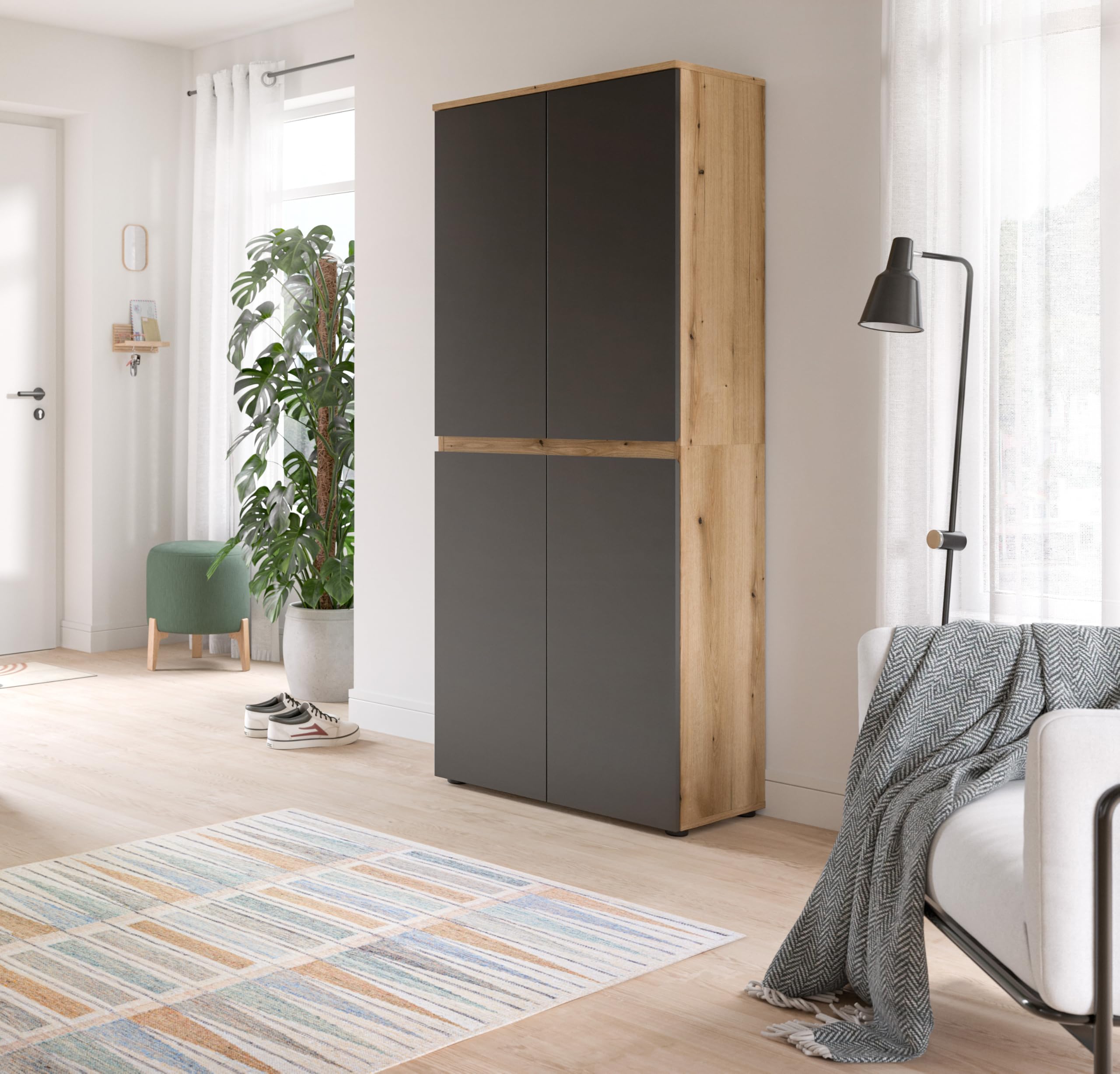 xonox.home - Universalschrank Scarpa 70x175x37cm in Front anthrazit Korpus Evoke Oak - Mehrzweckschrank Schrank Hochschrank Haushaltsschrank