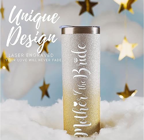 Miniatura 2 de Onebttl Mother of The Bride - Vaso de vino de acero inoxidable con tapa, vasos de fiesta de boda para novias y mamá (oro brillante, 20 onzas)