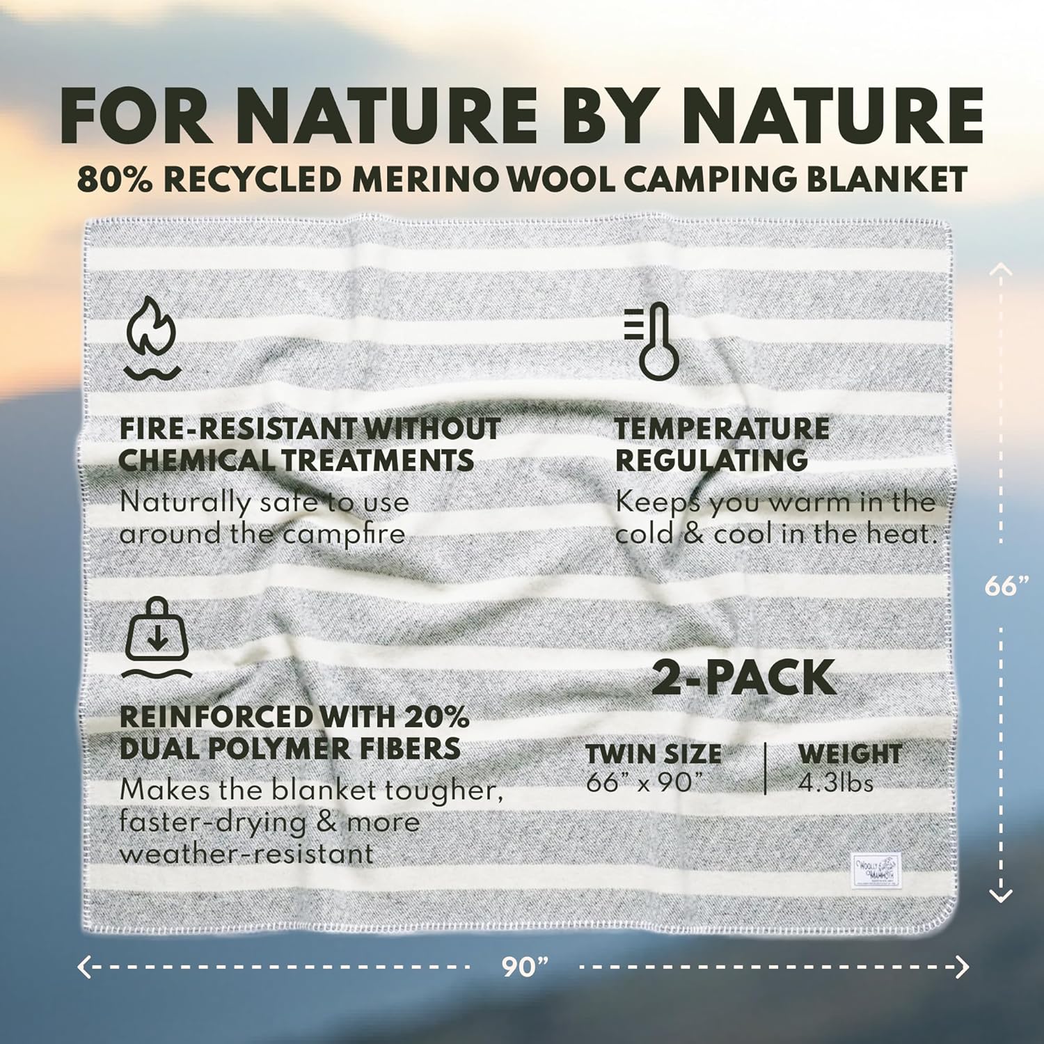 Woolly Mammoth 80% Merino Wool Camping Blanket 2-pack - Naturally Fire-Resistant and Temperature-Regulating - For Cold Weather, Camping, Bushcraft and Emergency Car Kit (66" x 90" Granite & Limestone)