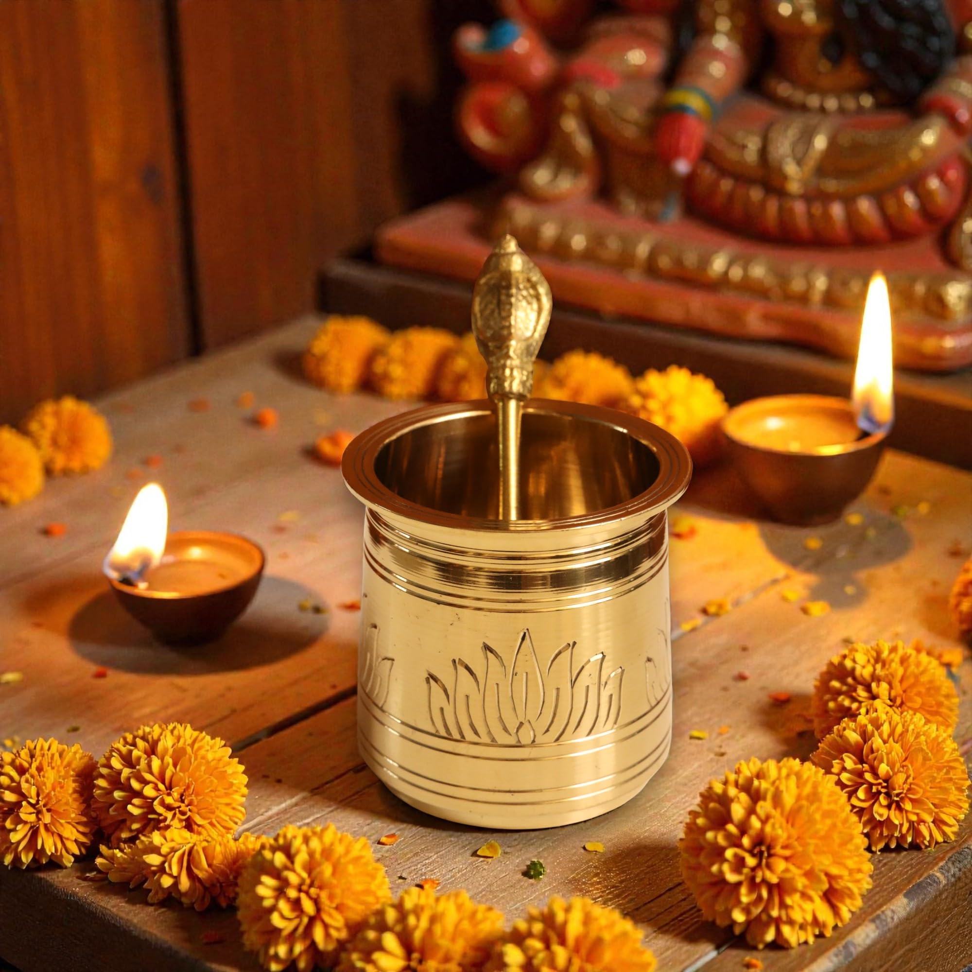 Brass Lotus Panchapatra Udharini Set - Pooja Thali -5