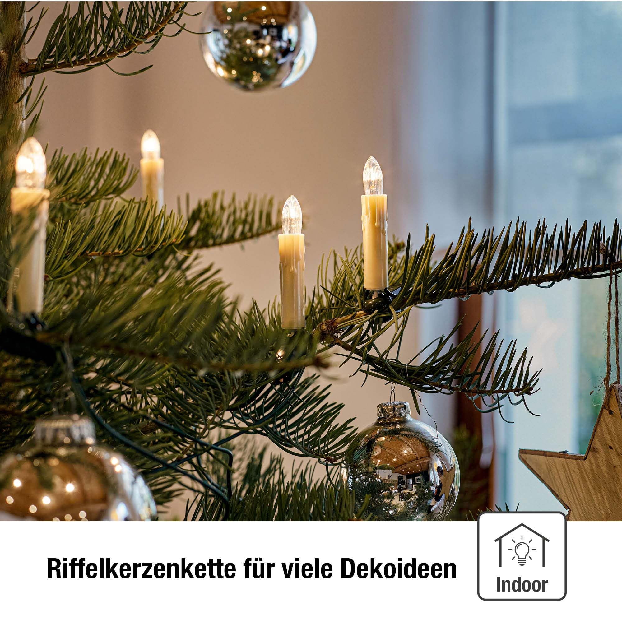 hellum Lichterkette Kerzen Weihnachtsbaum mit Wachstropfen für innen, Made in Germany, 30 Lichter mit teilbarem Stecker, 20,30 m beleuchtet, inklusive 3 Ersatzkerzen, kein LED <59lm 430257