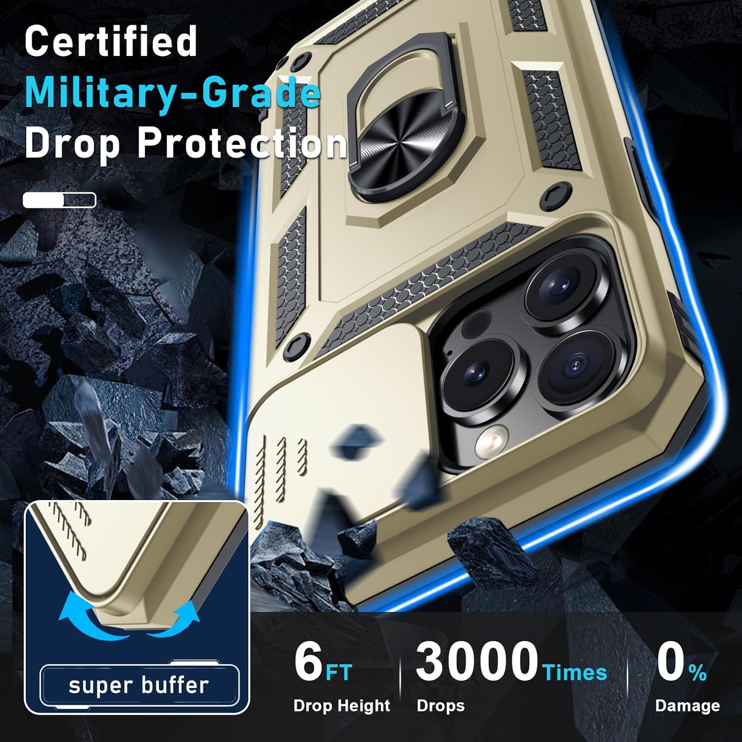 Janmitta Case for iPhone 12 & 12 Pro Phone Cover Built in Slide Camera Lens Cover+Screen Protector,Heavy Duty Shockproof Full Body PhoneCase with Finger Ring Holder Kickstand,Gold - Image 5