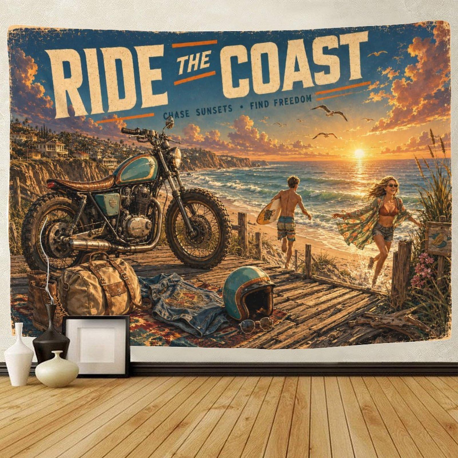 GPMNBCXZK Motorcycles And Beaches Wall Art Decor 3D Print Tapestry for Bedroom Tapestries Poster Curtain Bedroom College Dorm 100cmx150cm