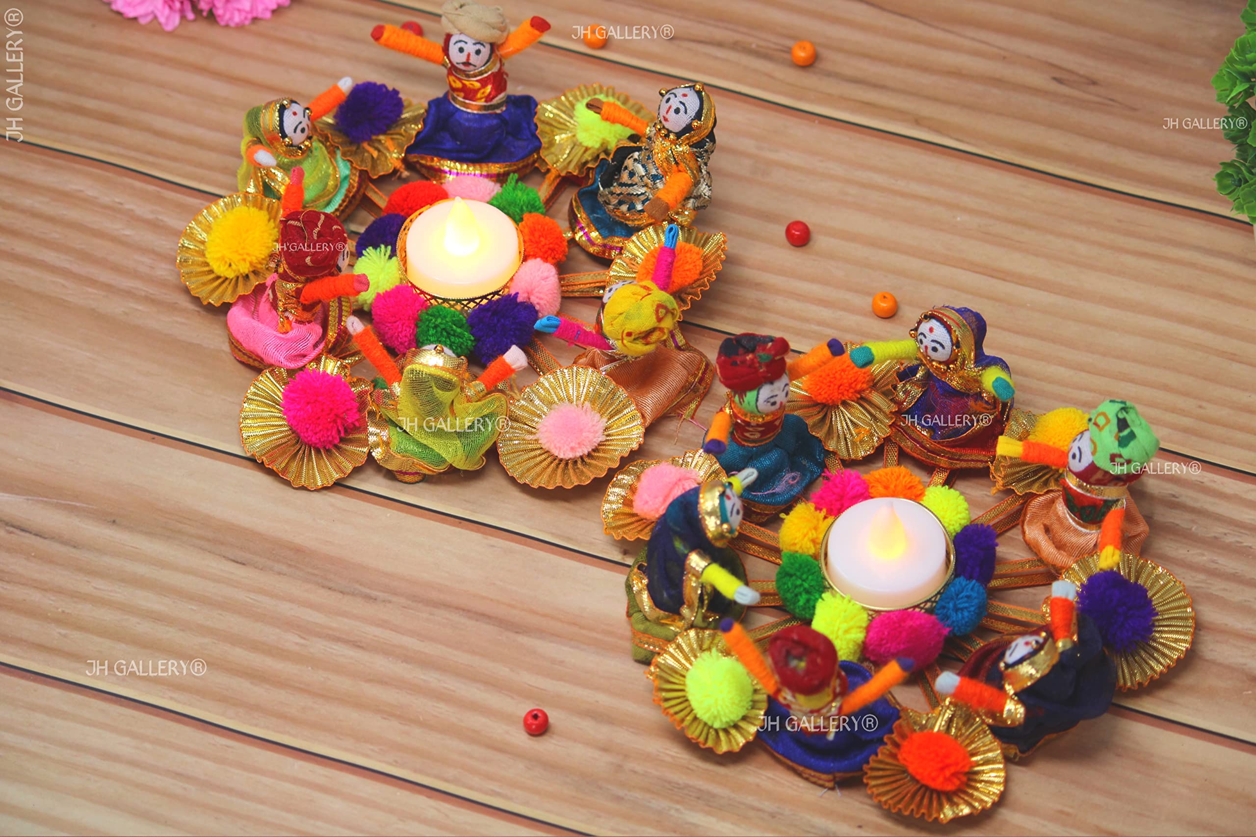 JH Gallery Recycled Material Rajasthani Raja Rani Puppet Dolls Decorative Tealight Candle Holder for Home Decor, Diwali Decoration, Multicolor (Pack of 2)