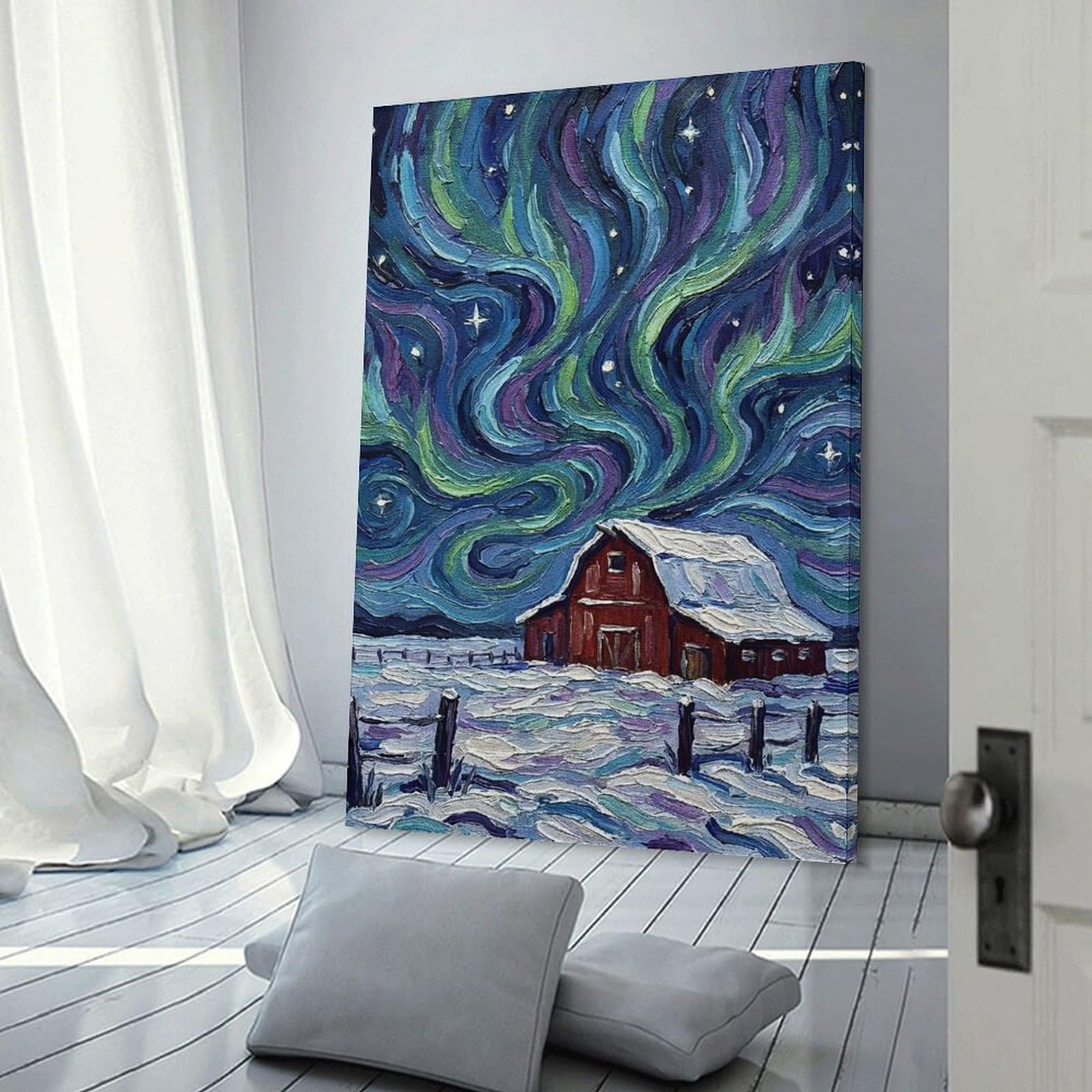 Junmoney Winter Barn Under Aurora Borealis Painting Canvas Art Print, 20x30inch(50x75cm), for Hallway, Bedroom Or Modern Interiors, A Wall Art Gift for Fresh Interiors