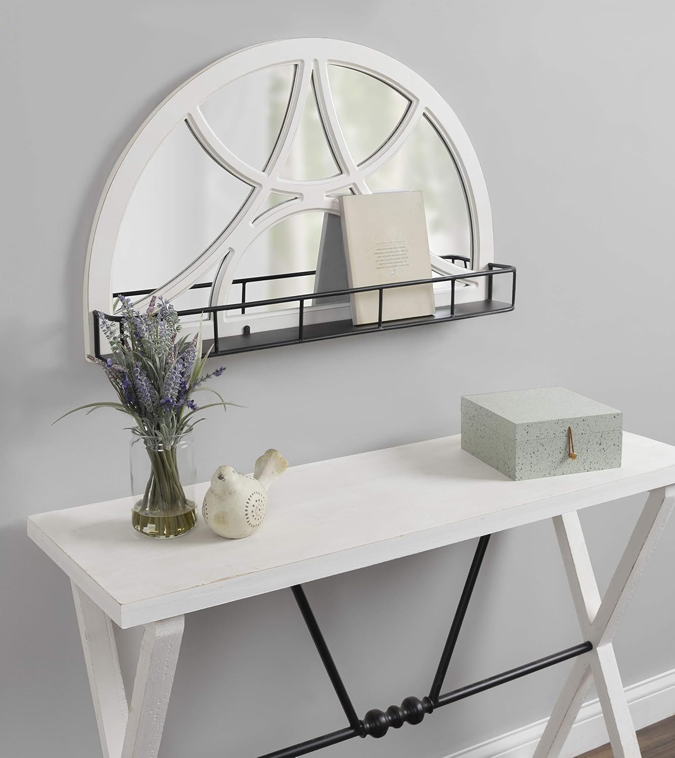 Kate and Laurel Hollowday Rustic Wood Framed Arched Wall Mirror with Shelf, 18.5 x 30, White and Black, Farmhouse Wall Decor