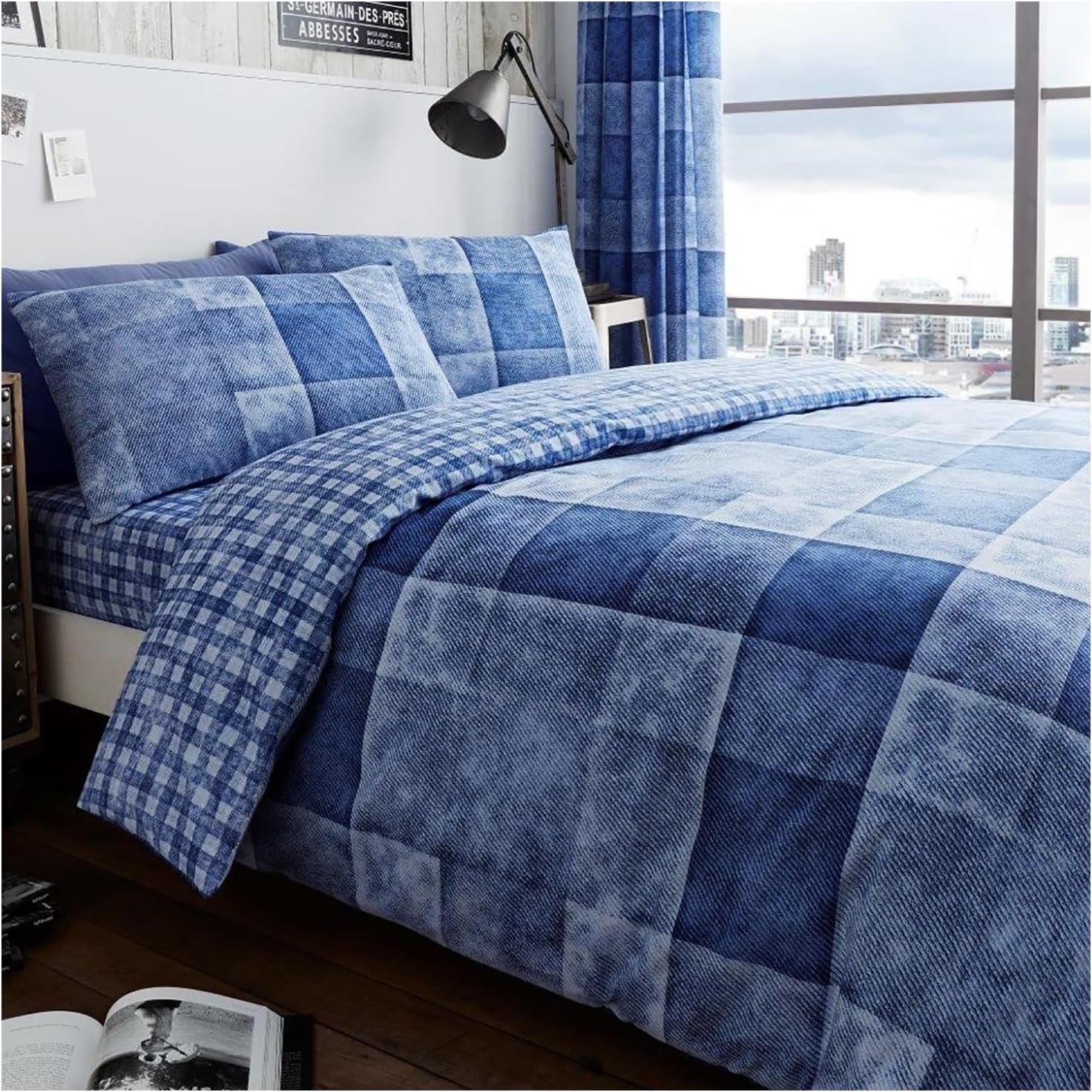 GC GAVENO CAVAILIA Checked Duvet Cover Double (200cm x 200cm) - Quilt Bedding Set Double Bed with 2 Pillow Cases - Blue