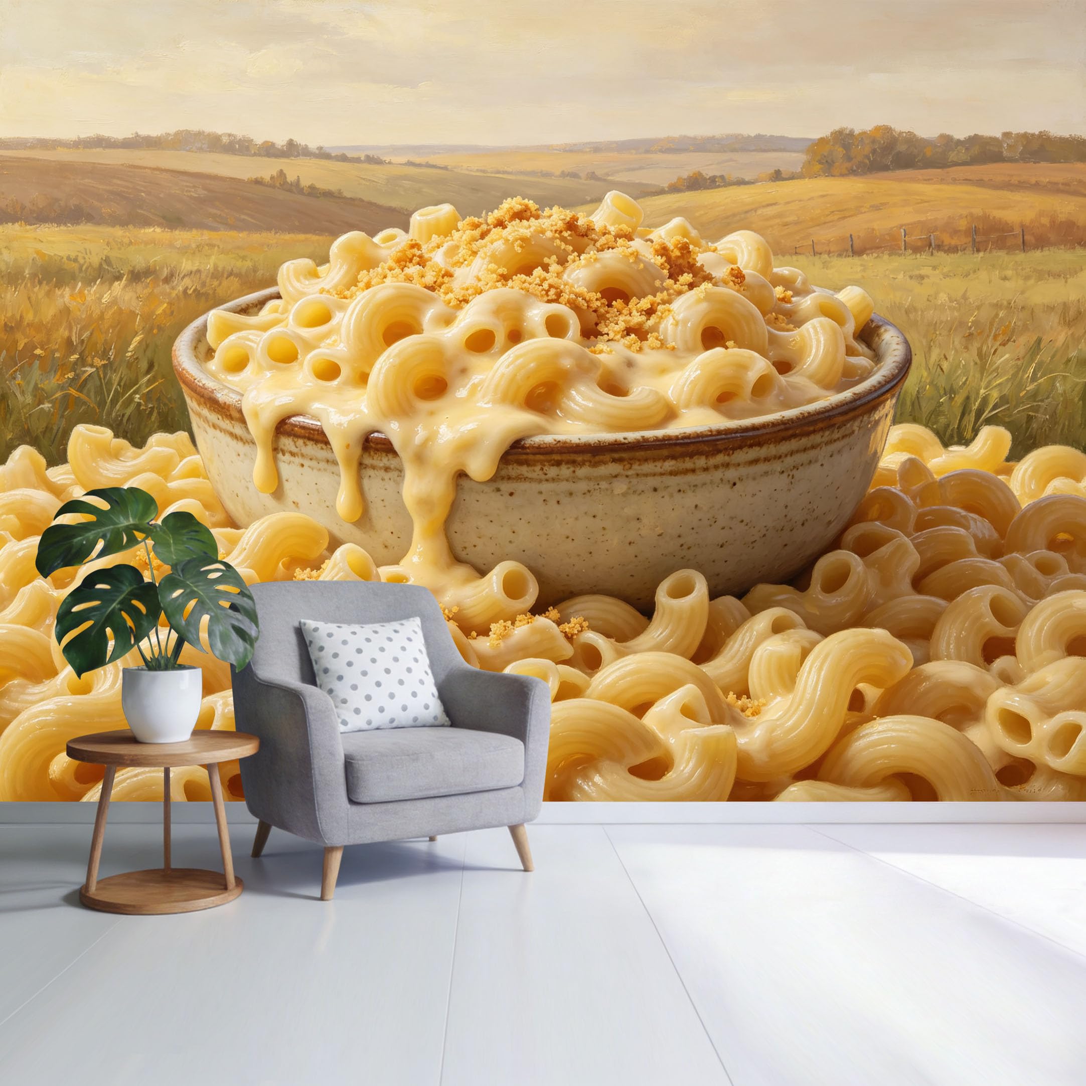Custom Size Wall Mural Creamy Macaroni Cheese Bowl Rustic Countryside Landscape Food Art Oil Painting Style SelfAdhesive Wall Fabric Removable Wallpaper for Home Office Decor