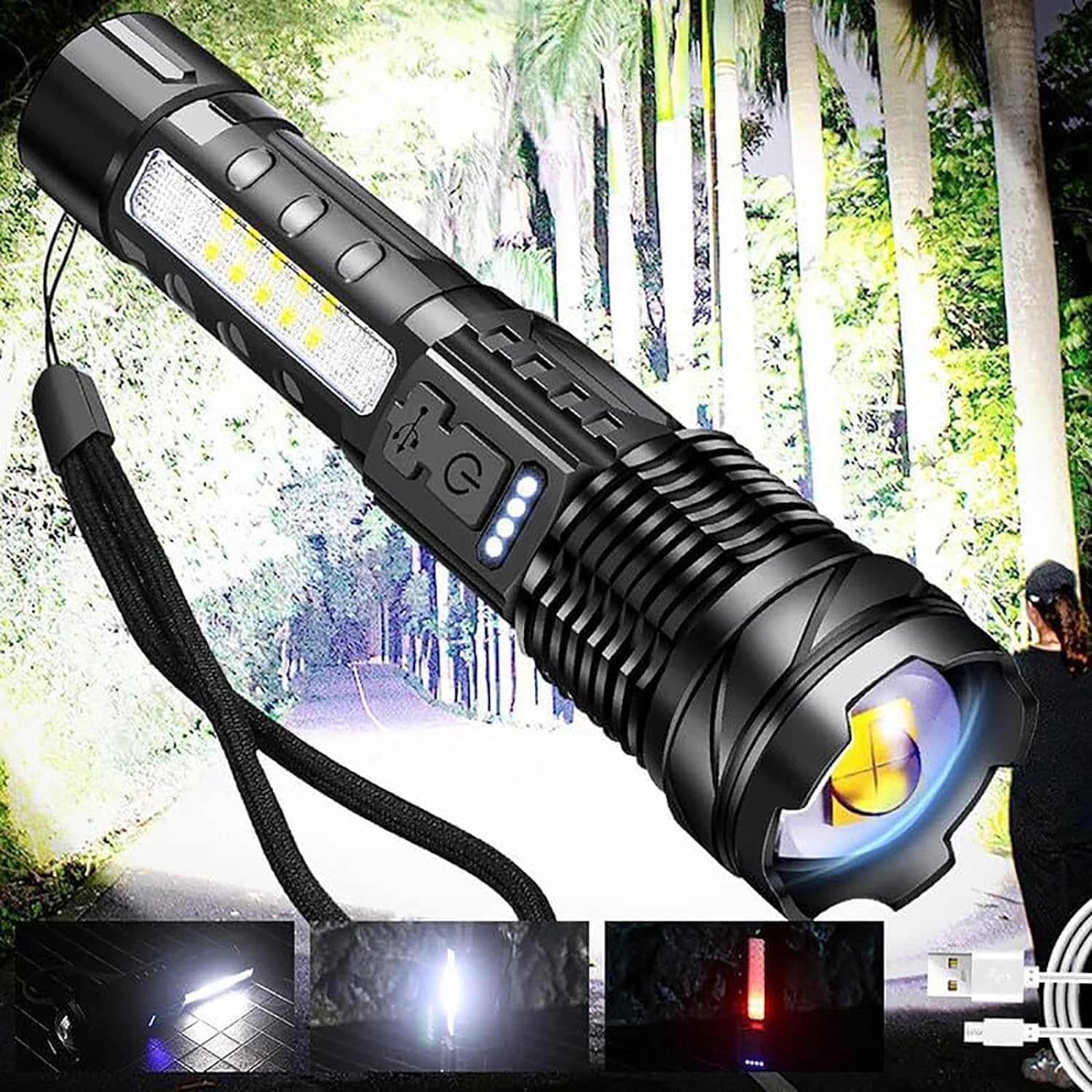Flashlight demonstrating different main light modes: bright, low, and flashing