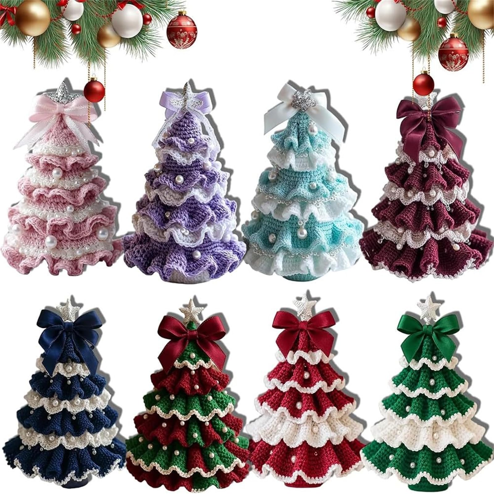 Kit de árbol de Navidad de ganchillo hecho a mano, juego de decoración navideña con lazo y adorno de perlas, perfecto para principiantes