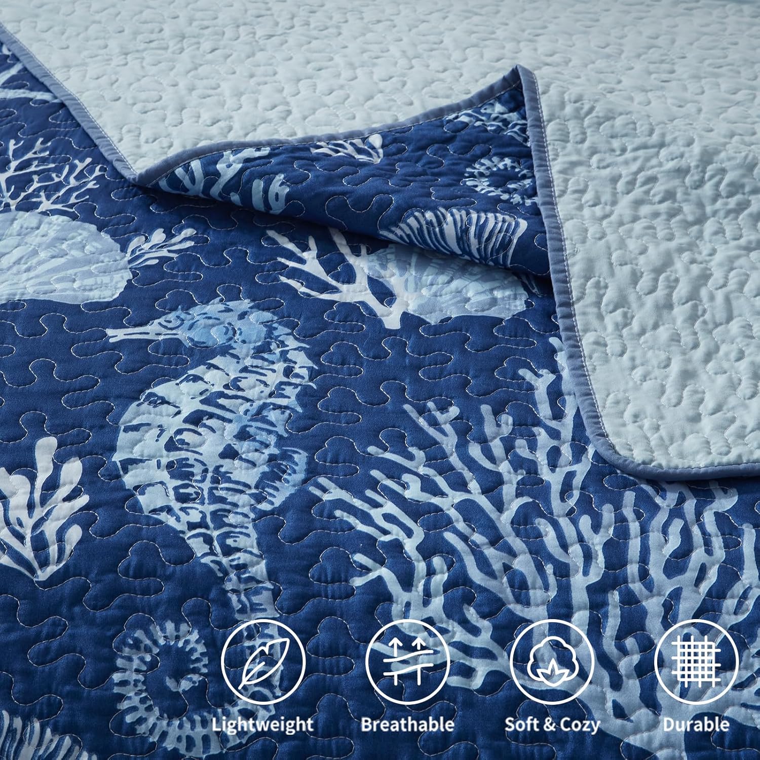 LEAONME Coastal Quilt Set Full/Queen Size - Lightweight Microfiber Reversible Bedspread, 90''x98'', Navy, Includes 2 Shams - Image 5