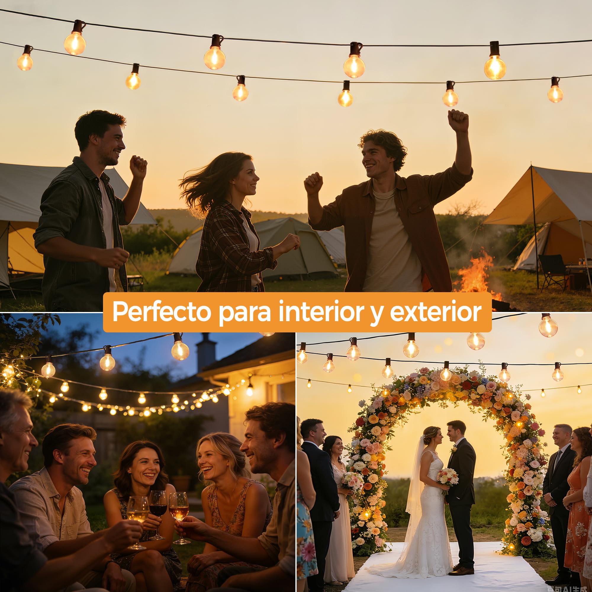 HeiPard Guirnalda Luces Exterior, 15M con 25+2 Bombillas, Luces Exterior Jardin Enchufables, Blanco Cálido 2200 K, Cadena de Luces IP45 Impermeable para Jardín, Terraza, Navidad, Fiesta