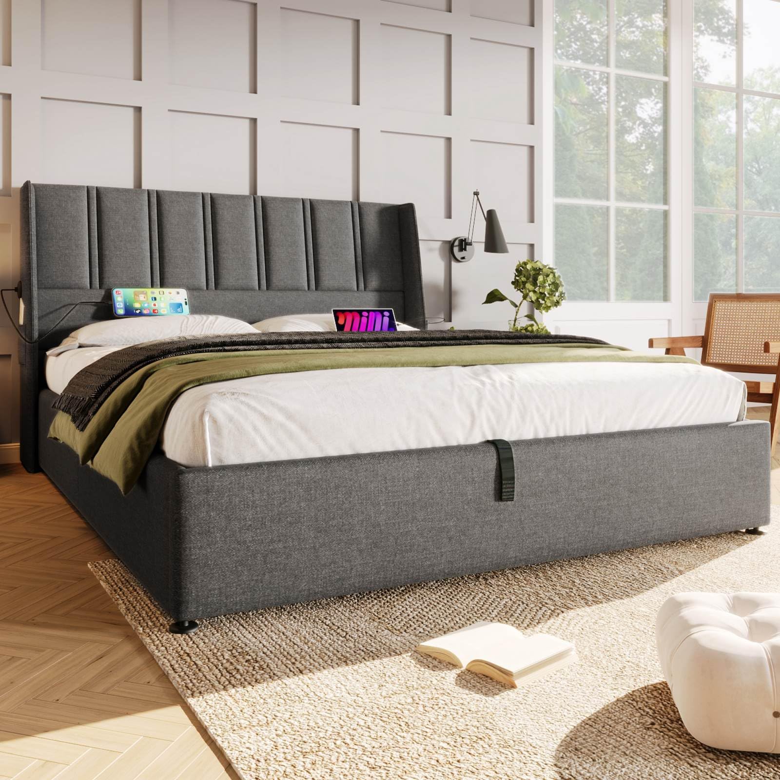 Lit Coffre Rembourré 180x200cm Avec Rangement Et Charge USB/Type-C - Tête De Lit LED RGB, Sommier Lattes, Sans Matelas