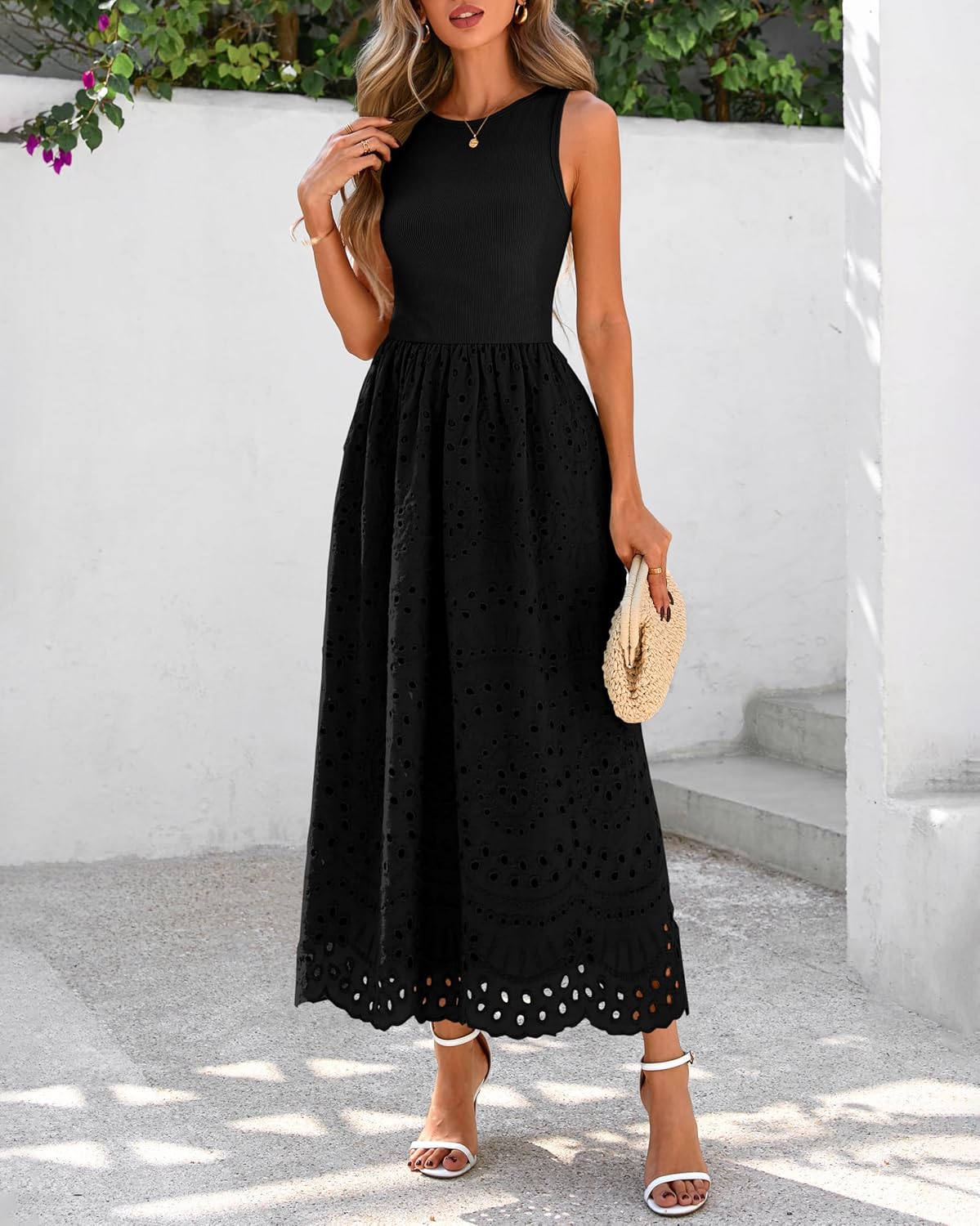 dowerme Women Summer Dresses 2026 Casual Sleeveless Crewneck A-Line Boho Lace Eyelet Cotton Tank Maxi Dress with Pockets - Image 6