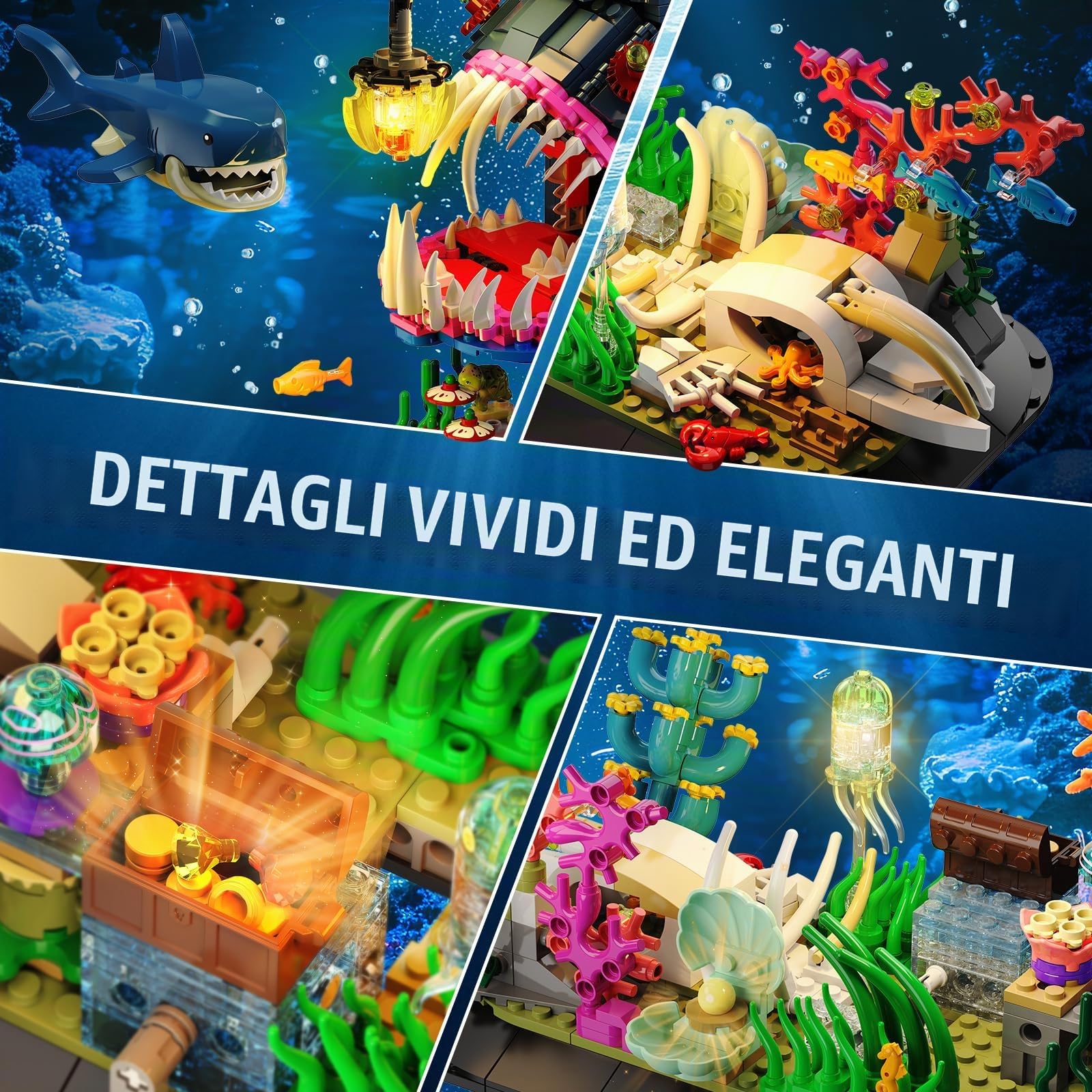 INSOON Set Costruzioni Pesce Pescatore Meccanico con Luci, Blocchi Mobili con Squalo e Medusa, Kit Animali Marini da 1139 Pezzi, Regalo e Decorazione per Bambini 12+ e Adulti
