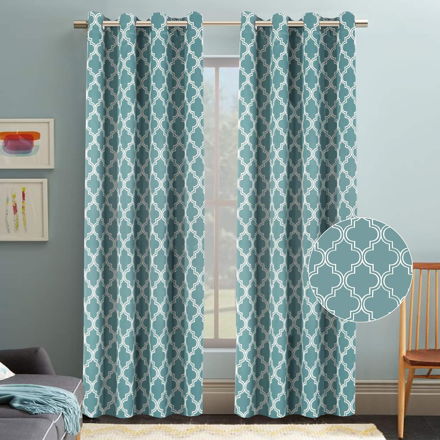 Flamingo P Curtains for Living Room, Room Darkening Moroccan Tile Quatrefoil Blackout Top Grommet Unlined Thermal Insulated Window Curtains, Teal, Set of Two Panels, Each 96 by 52