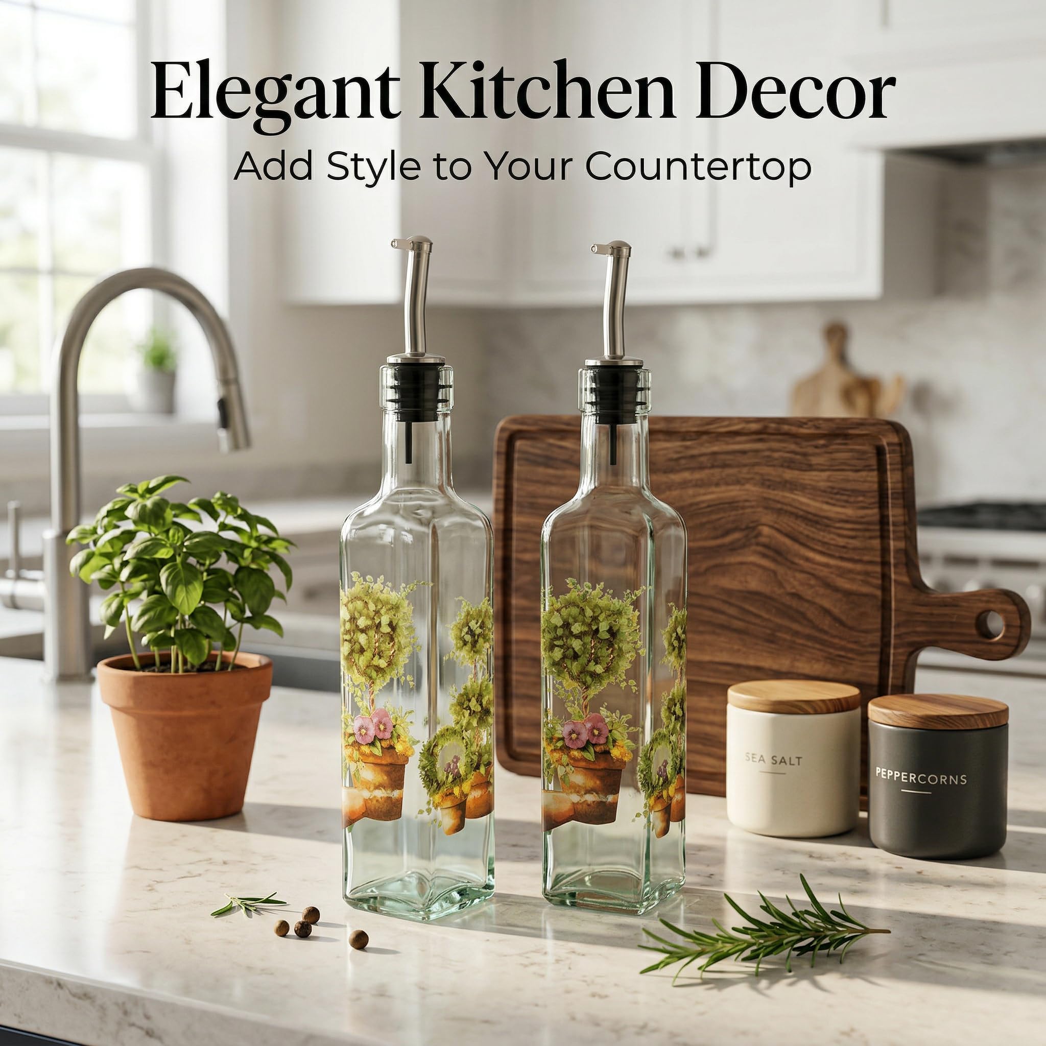 CEDAR HOME Juego de botellas de aceite de oliva con dispensador de vidrio vinagre Cruet 9 oz. Con boquilla de acero inoxidable a prueba de fugas para cocinar o ensalada, verduras