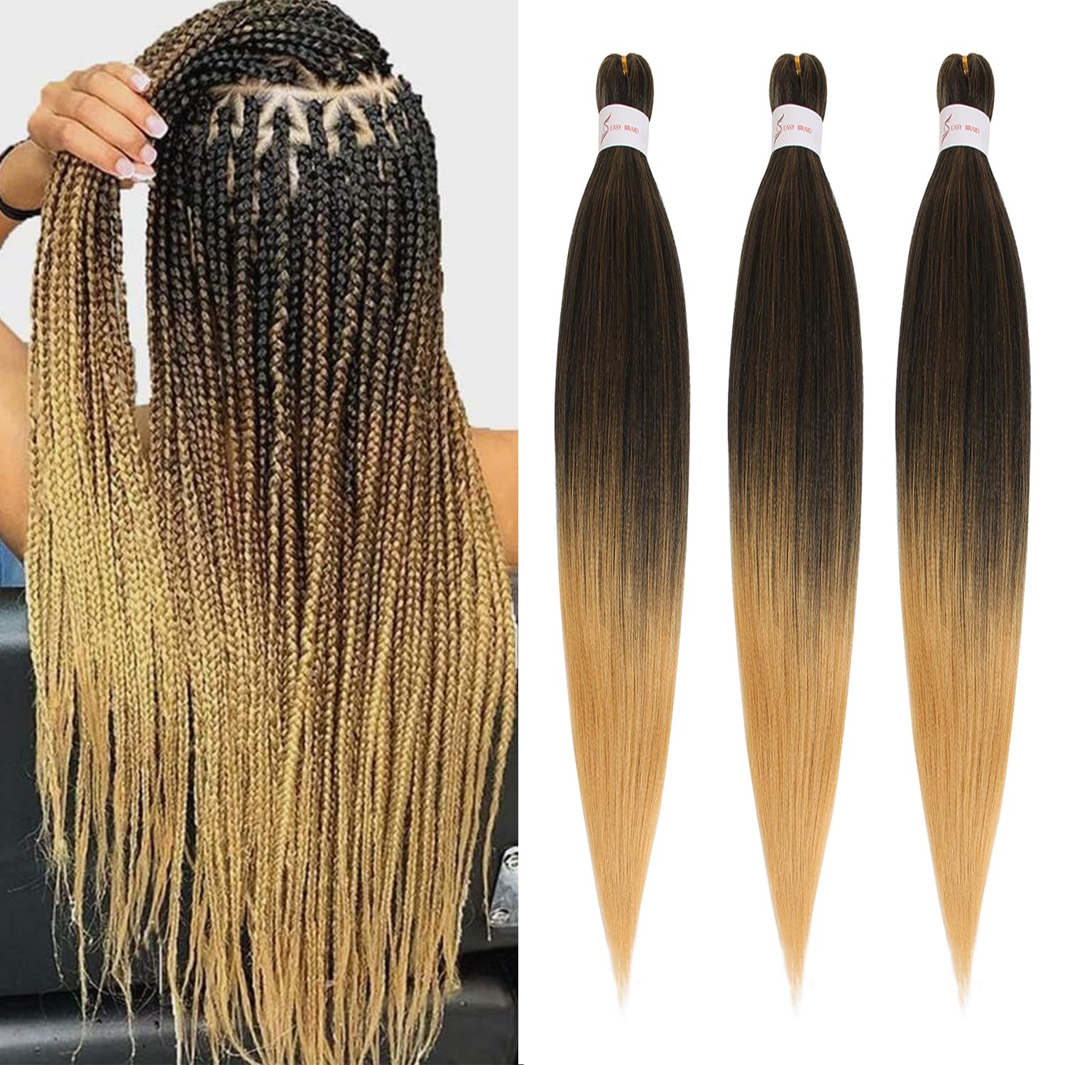 Xtrend 26 Inch EZ Braids 3Packs Pre-Stretched EZ Braiding Hair Extensions for Box Braids Hair Hot Water Setting Synthetic Fiber Hair Extensions(3Packs,T27#)