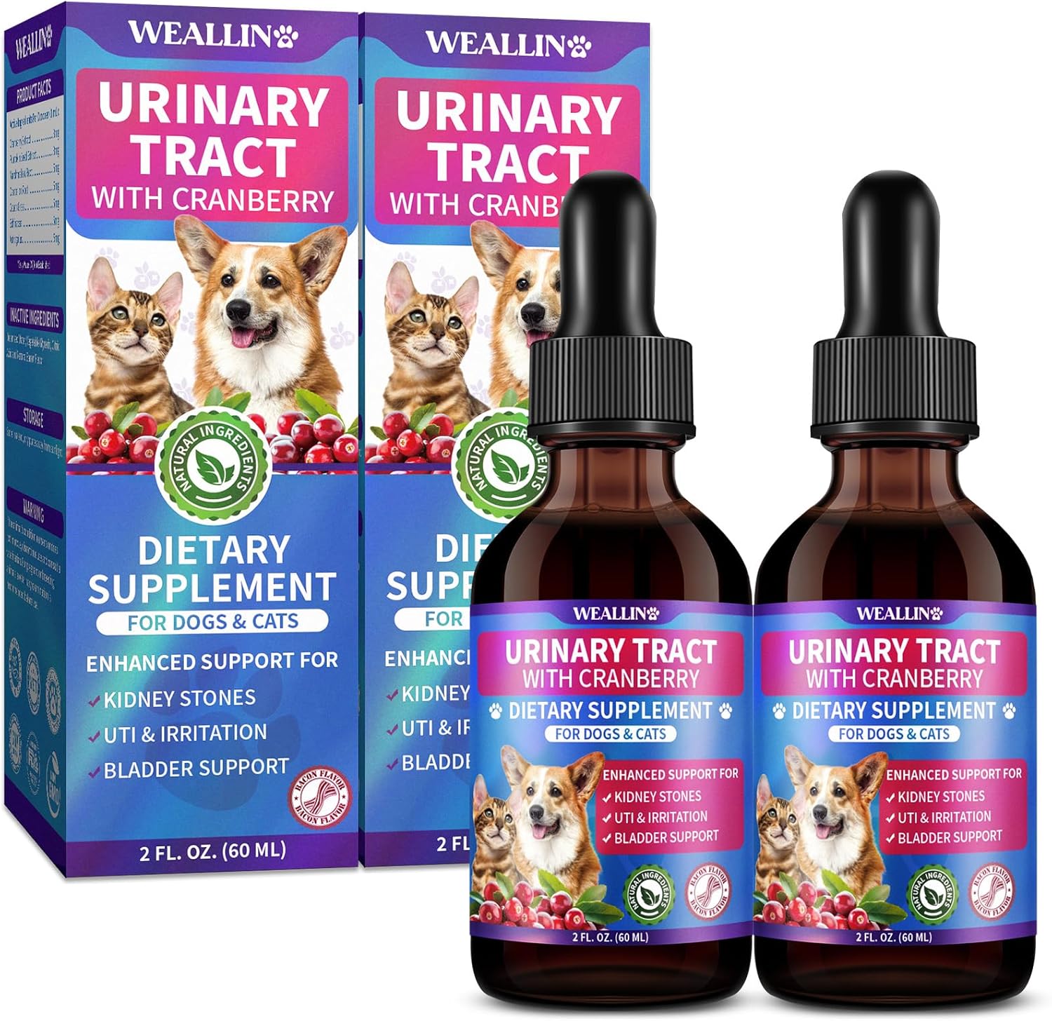 WEALLIN 2 Pack – Cat & Dog Natural Urinary Tract Infection Treatment with Cranberry, Kidney, and Bladder Support Supplement, Support for Urinary Comfort & Bladder Flow – Pet Renal Care Support Drops