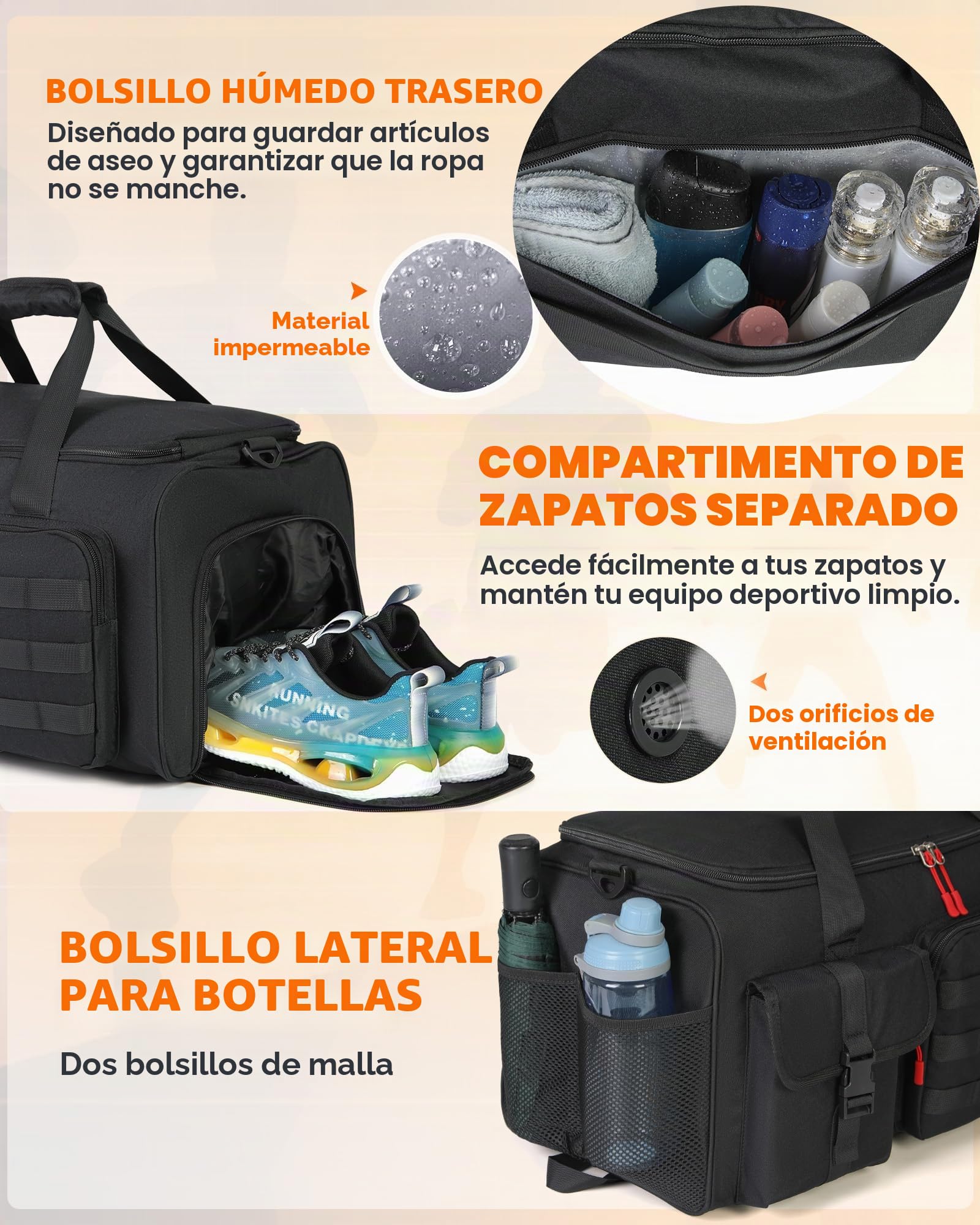 RAINSMORE 3 EN 1 Bolsa Deporte Gimnasio Hombre Mujer Bolsa de Viaje Grande 45L Mochila Función con Compartimento Zapatos y Humeda