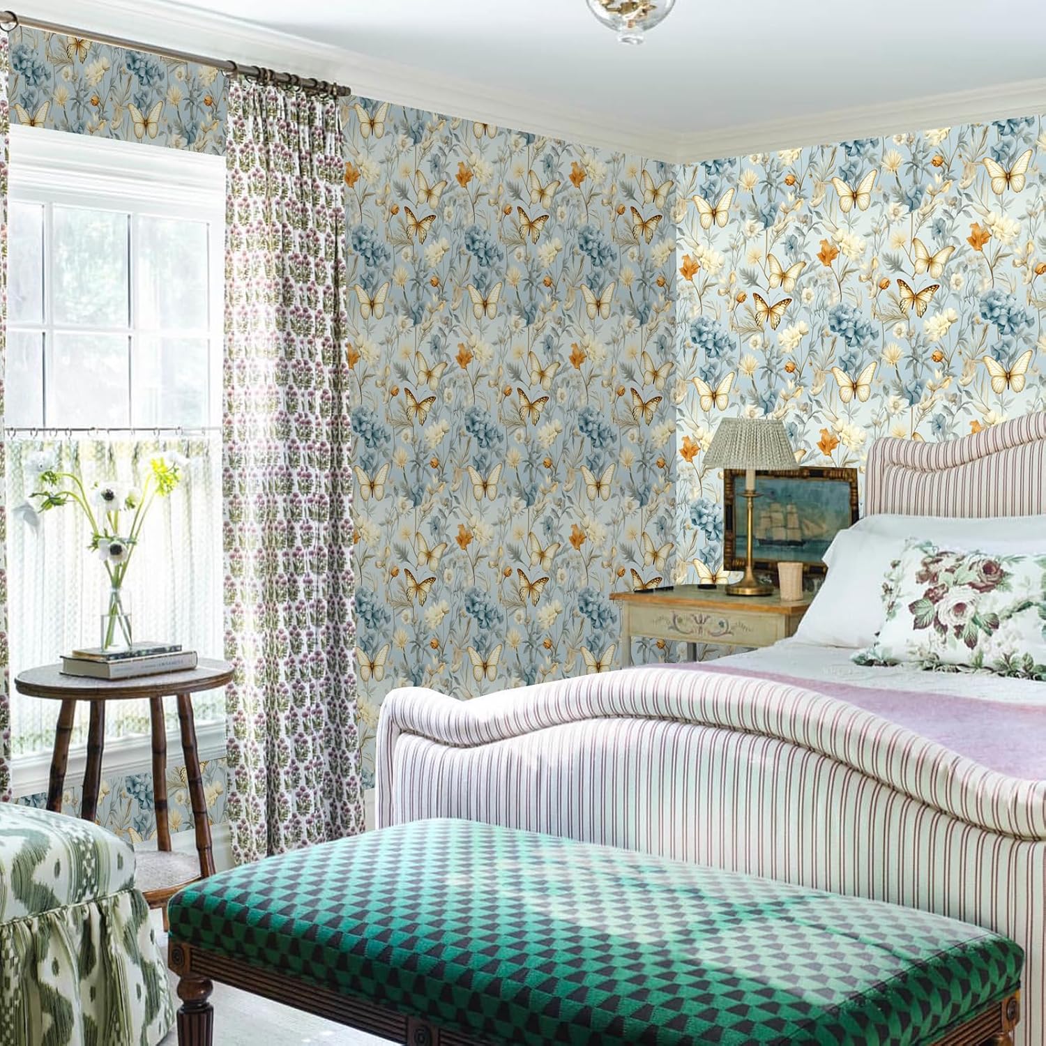 17.32" x 393.7" Floral Wallpaper Peel and Stick Boho Butterfly Colorful Flowers Vintage Contact Paper Self Adhesive Removable Waterproof Wall Paper for Bedroom Bathroom Shelve Cabinet Drawer