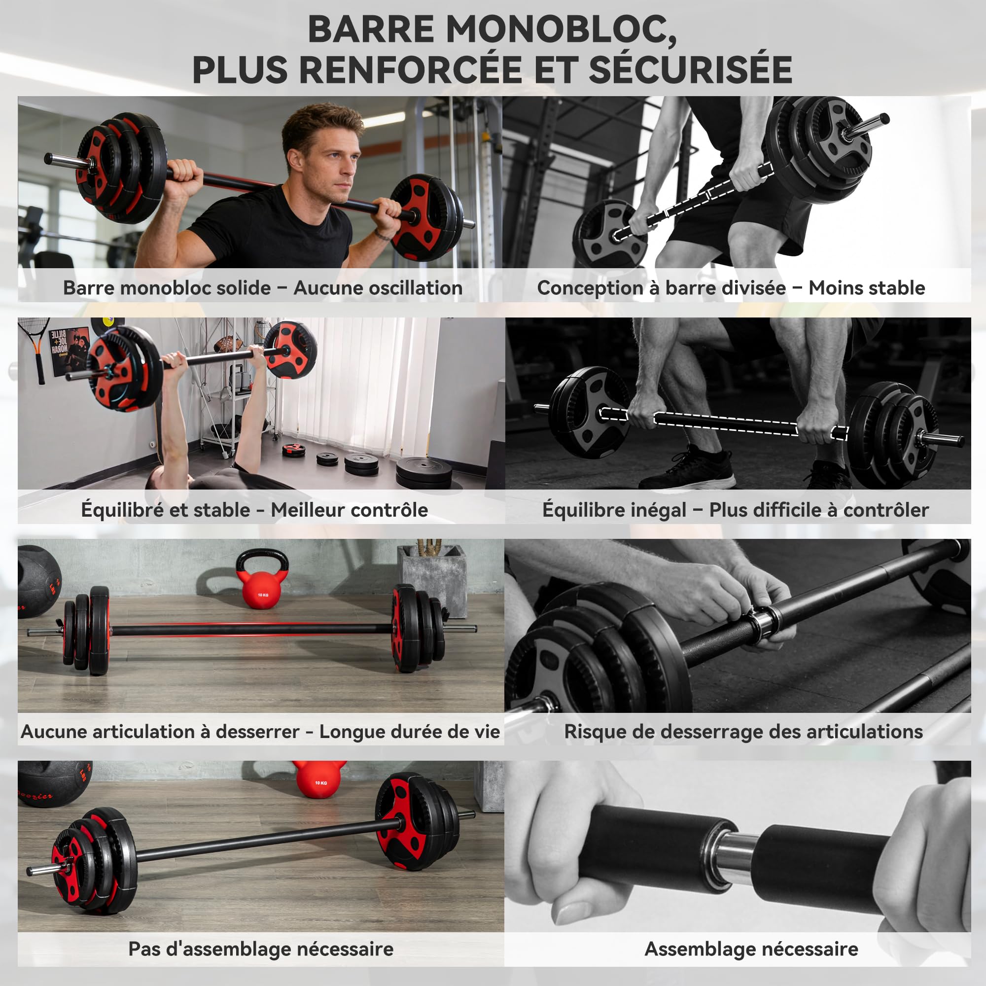 SPORTNOW Ensemble d'haltère 20 kg, kit barre de musculation avec poignée antidérapante, barre monobloc, exercices de fitness entraînement à la maison et gym, poids réglable, charge max. 50 kg, noir