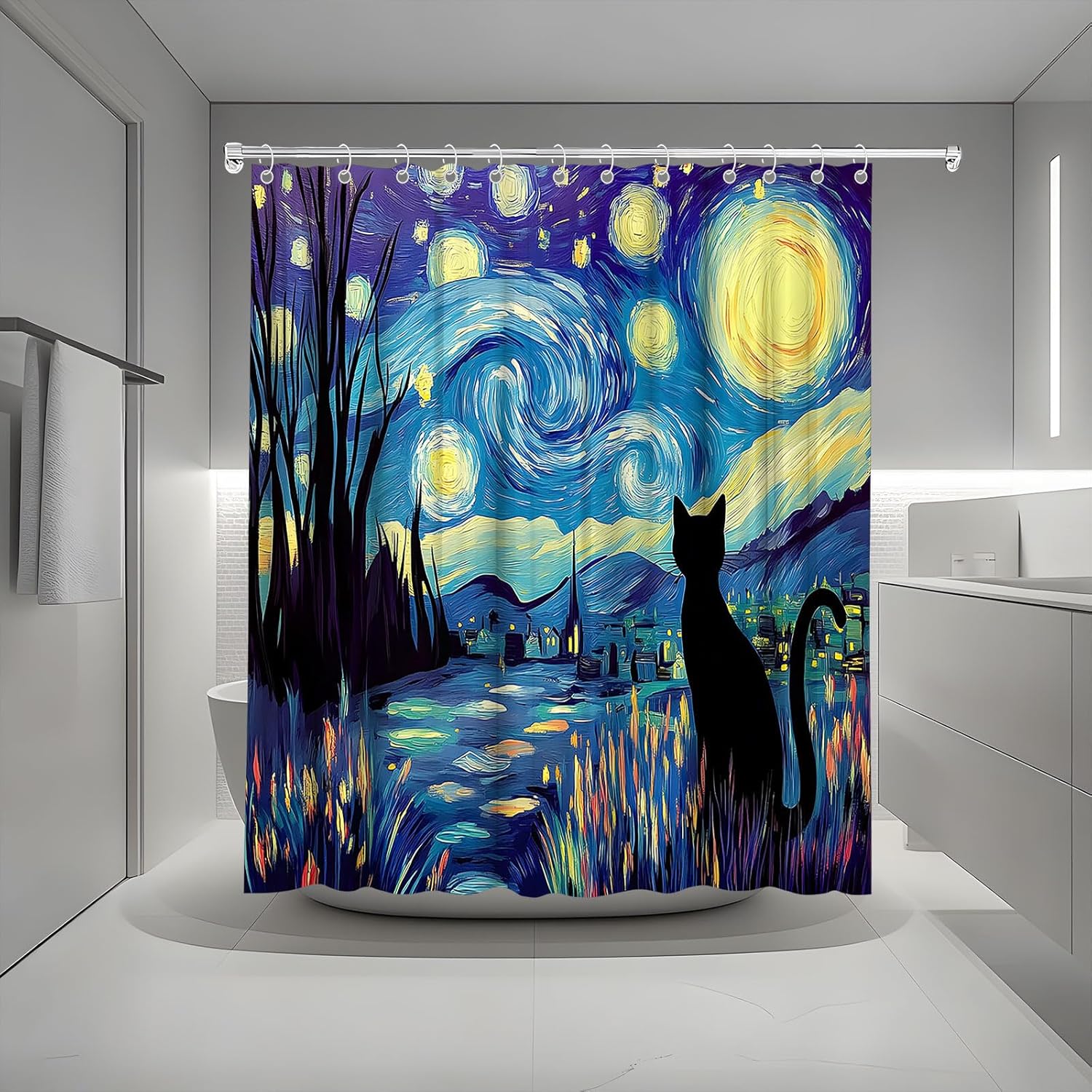 Funny Starry Night Black Cat Shower Curtain Abstract Oil Painting Kitten Moon Stars Mountain Forest Modern Art Bath Curtain Fabric Bathroom Accessories Decor with Hooks 90W x70L