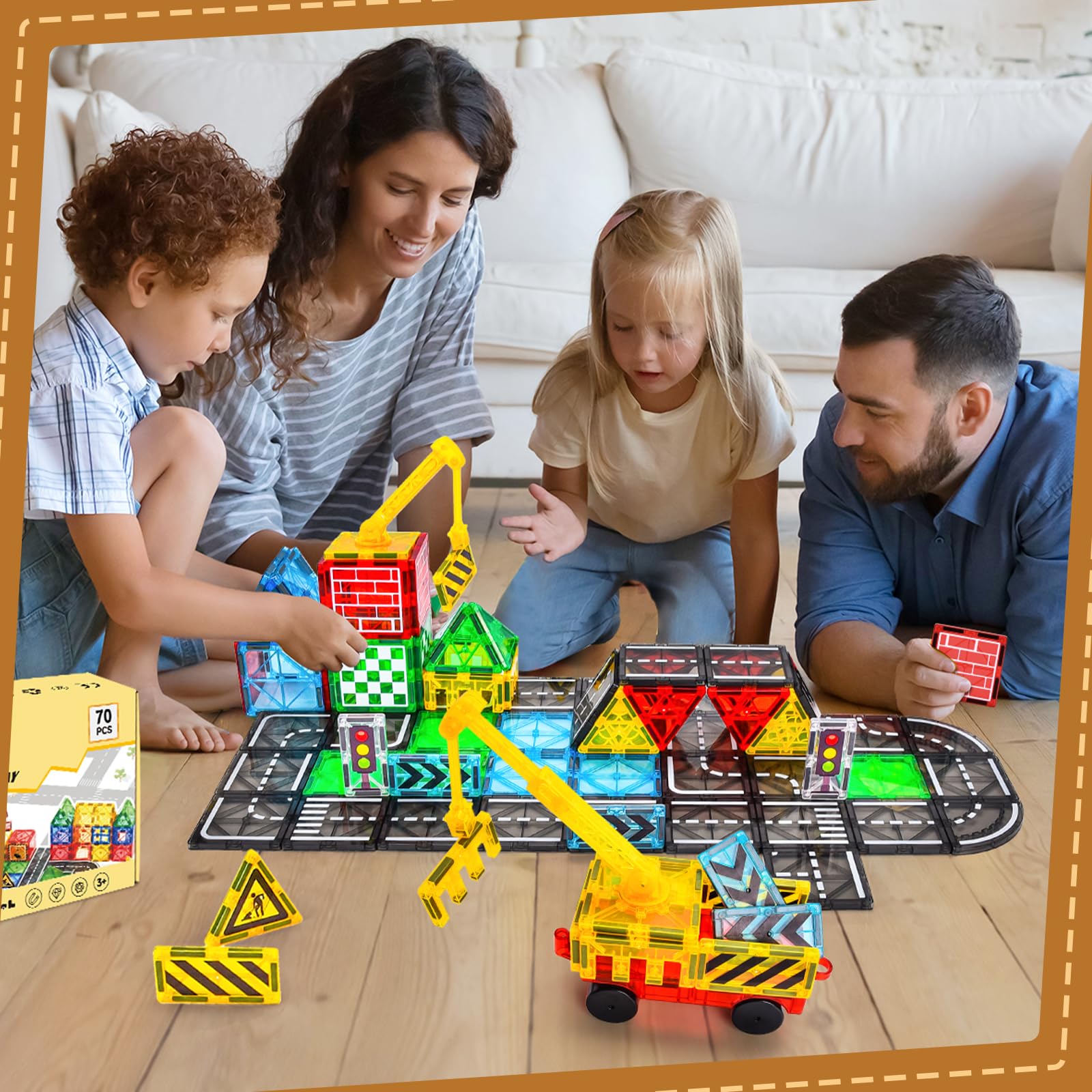 BuzzoXerex Costruzioni Magnetiche, 70 Pezzi di Tessere Magnetiche per Tematici il Trasporto Urbano, Magneti Bambini con Gru Telescopica, Giochi Magnetici per Bambini di 3 4 5 Anni