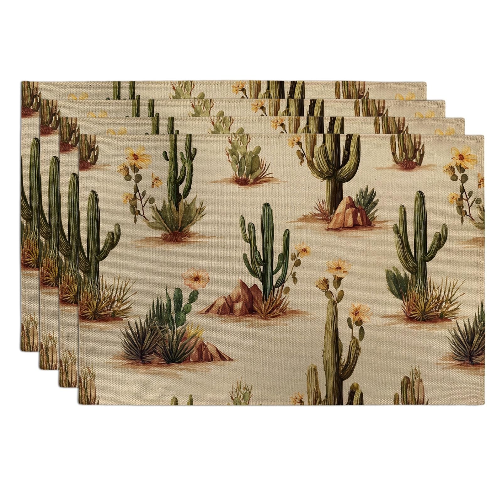 Desert Plants Placemats, Beige Botanical Place mats for Dining Table, Non-Slip Washable Indoor Outdoor Party Decorative Placemat Set of 4
