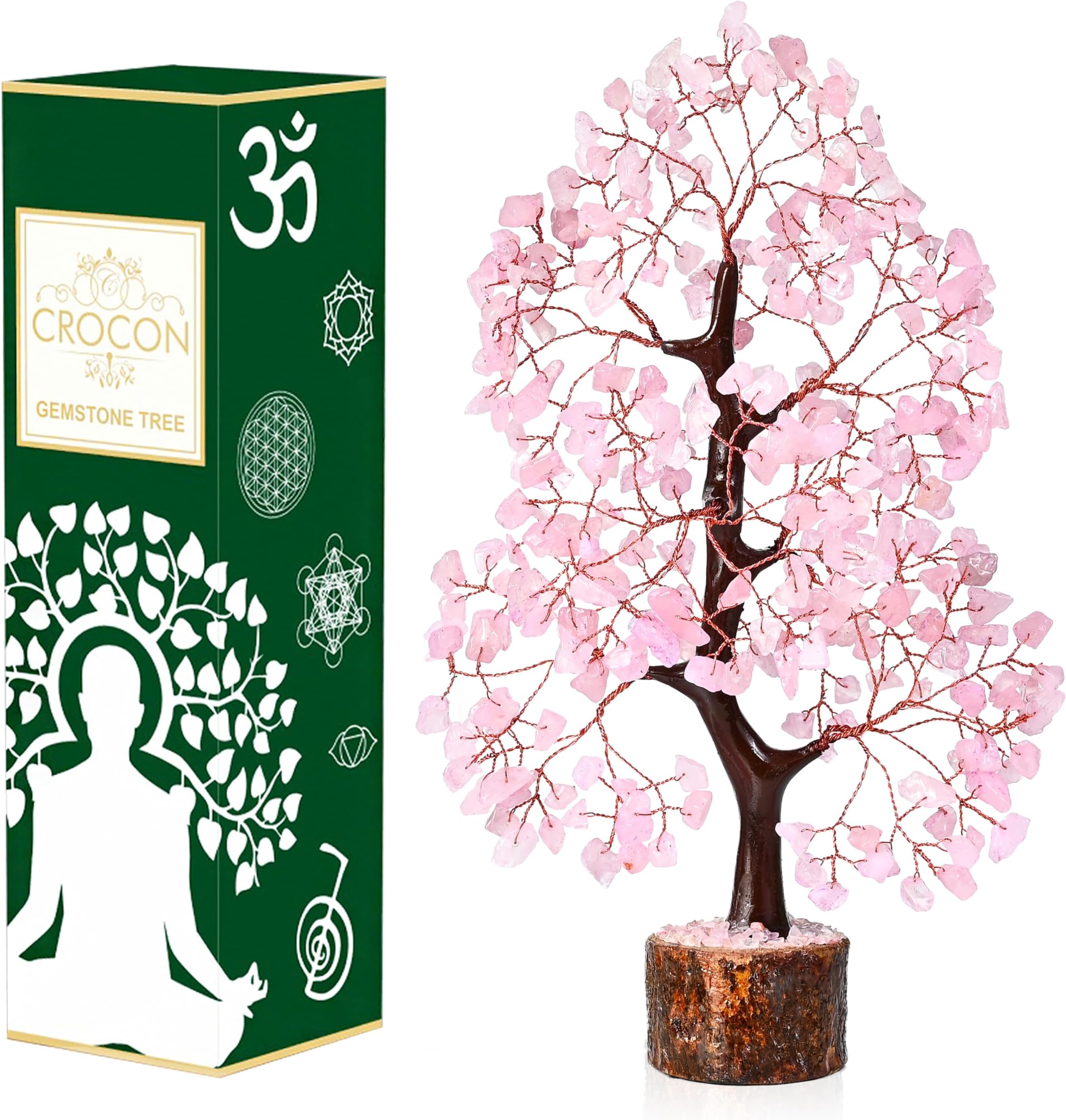 Crocon Rose Quartz Gemstone Tree Feng Shui Figurine Money Bonsai Good Luck Chakra Balancing Reiki Healing Crystals Decoration Ornament Prosperity Sculpture Table Decor Gift Size 10-12"