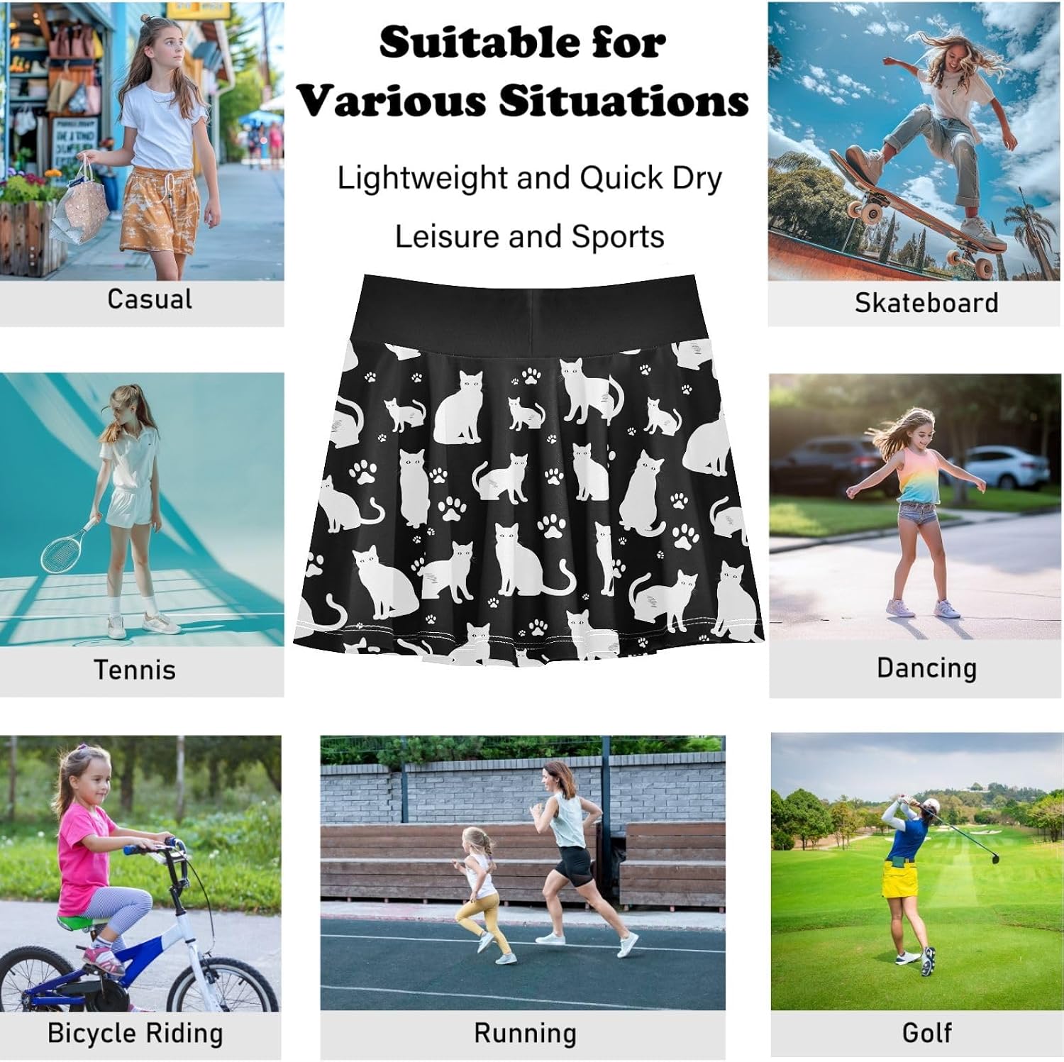 visesunny Spooky White Cat Girl's Golf Skirt Athletic Tennis Skort Sport Activewear with Double Layer Pockets