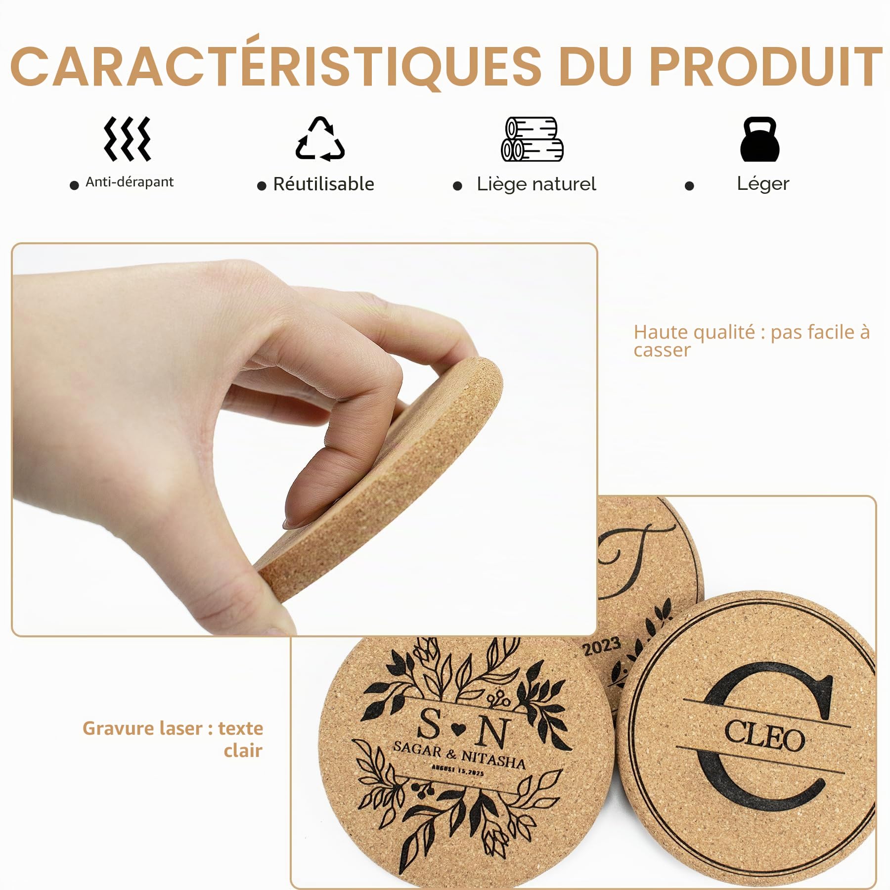 Lot de 30 à 100 sous-verres en liège personnalisés pour boissons, ronds de 10,2 cm, cadeaux de mariage pour invités, dessous de verre personnalisés en vrac avec texte, image ou logo gravé au