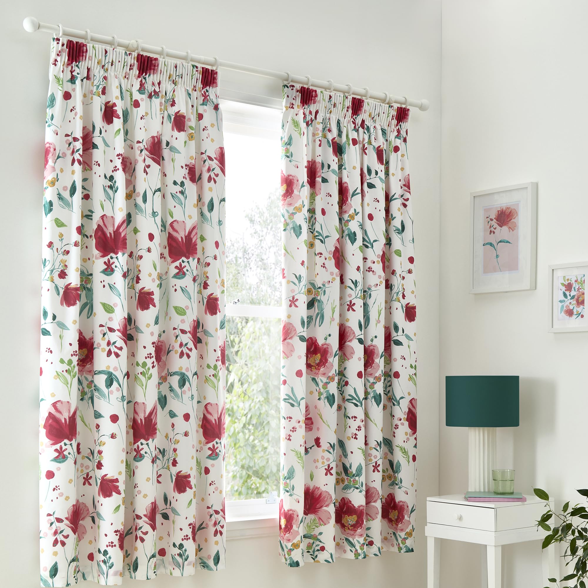 Julian Charles Red Abstract Poppy Lined Pencil Pleat Curtains - W 168Cm (66") X L 183Cm (72")