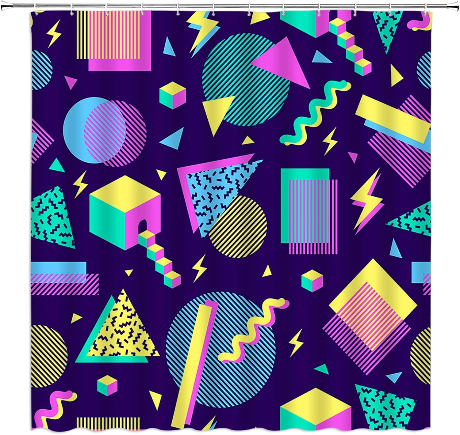 90s Shower Curtain Retro Colorful Geometric Round Circle Triangle Square Shapes Vintage Modern Abstract 80s 90s Memphis Geometry Polyester Bathroom Decor Curtain with Hooks
