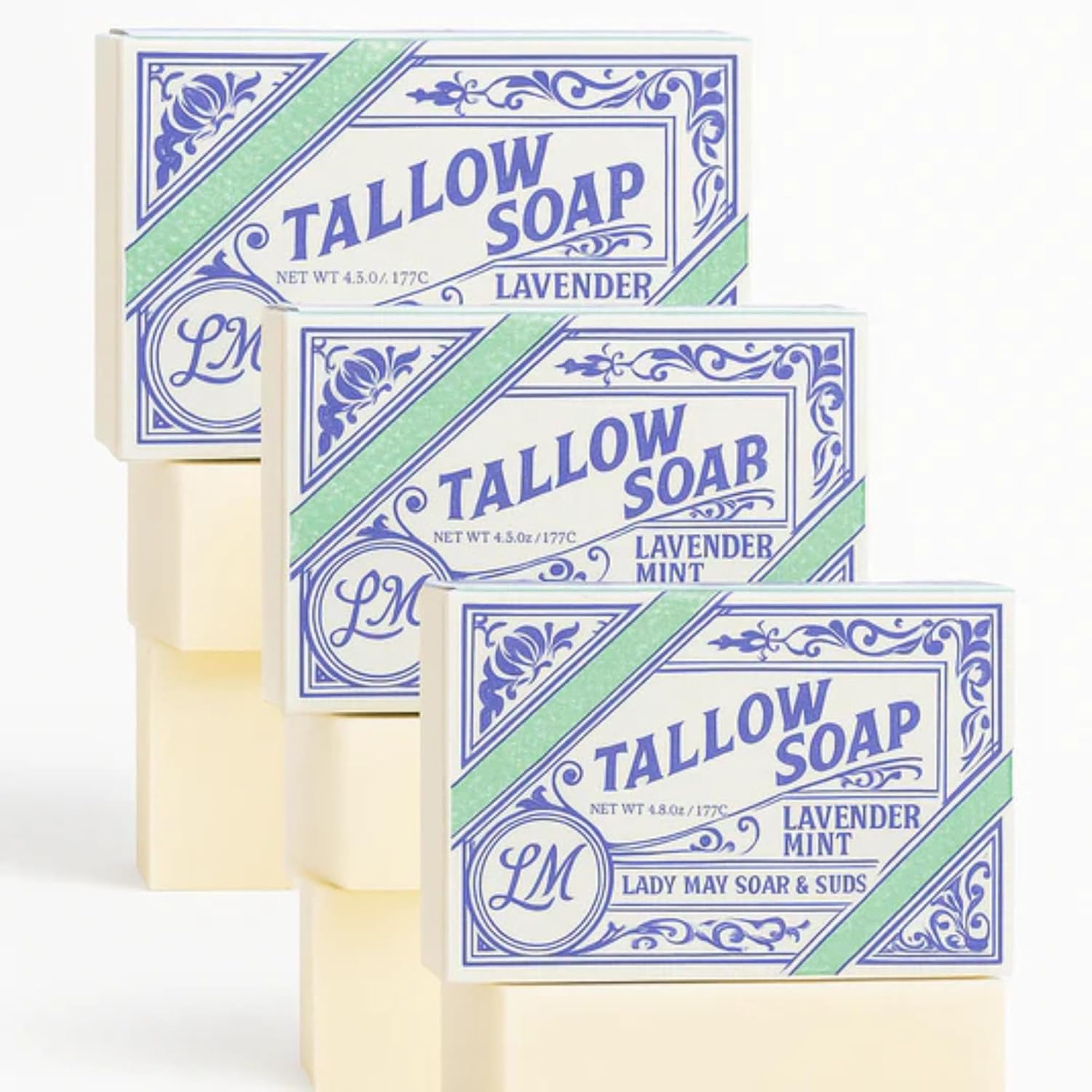 Beef Tallow Soap 3 Pack - All-In-One Natural Soap Bar, Made With Coconut Oil and Beef Tallow for Skin Health, Repair and Hydration - Nothing Artificial, USA Made (Lavender Mint)