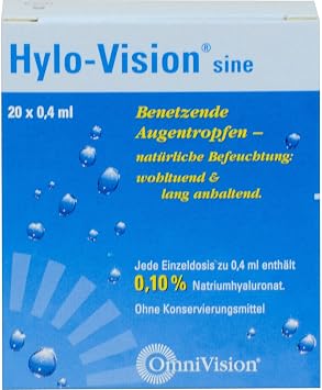 Hylo-Vision Sine Eye Drops - For Dry Burning Watery Eyes and Sand Grain Feeling Ideal for Travel Light Viscosity Preservative Free Suitable for Contact Lenses 20 x 0.4 ml