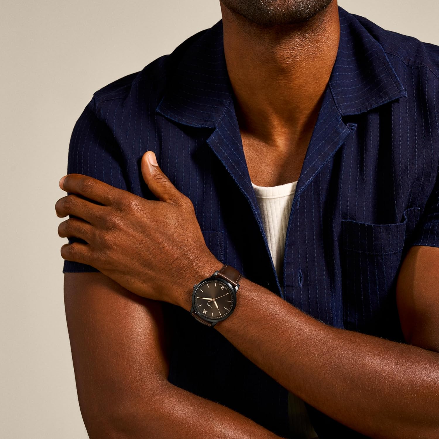 Fossil Men's Minimalist Quartz Stainless Steel and Leather Three-Hand Watch - Image 5