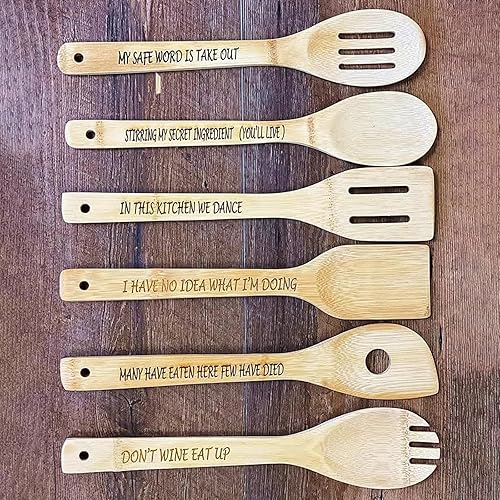 Miniatura 2 de Juego de 6 cucharas de madera para cocinar cucharas de madera, espátula divertida, utensilios de cocina de madera, juego de utensilios de madera