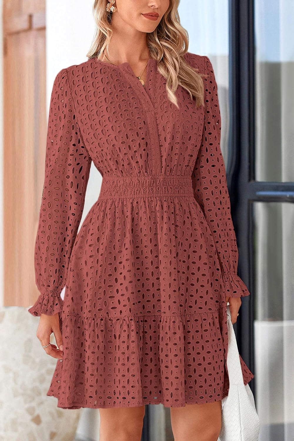 PRETTYGARDEN Women's 2025 Long Sleeve Mini Dress Eyelet V Neck A Line Casual Elegant Holiday Wedding Guest Party Dresses - Image 3