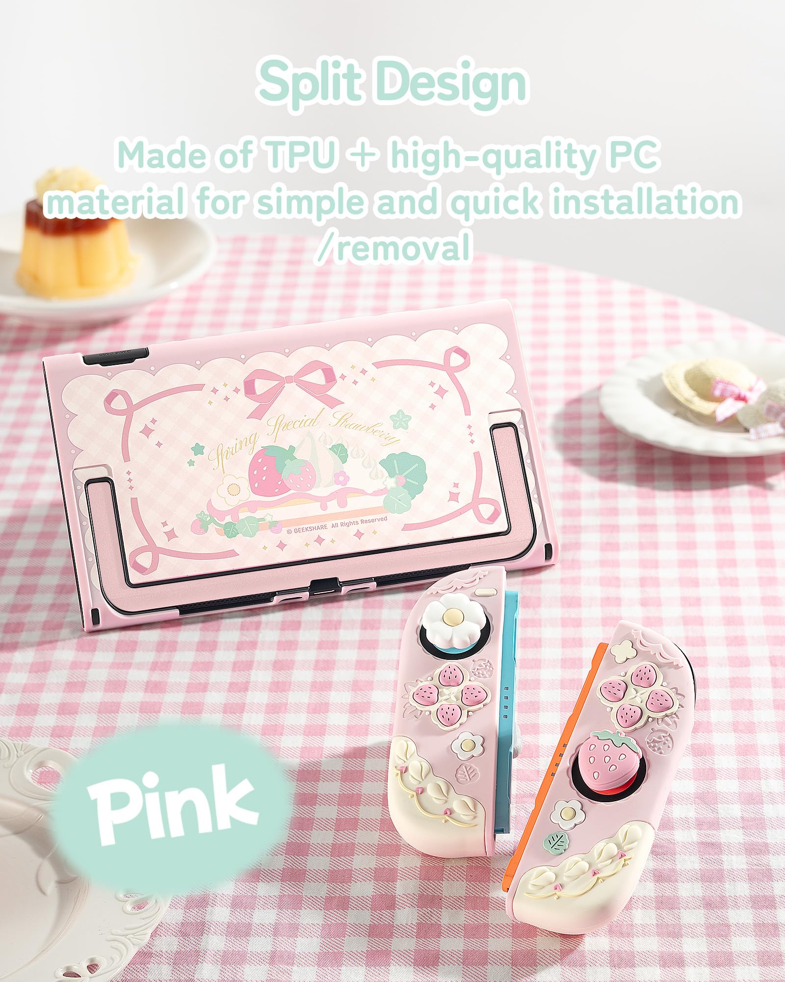 GeekShare Coque de protection en silicone souple compatible avec Switch 2 - Coque de protection séparable avec 2 capuchons pour les pouces - Fraises avec crème (rose) - 5