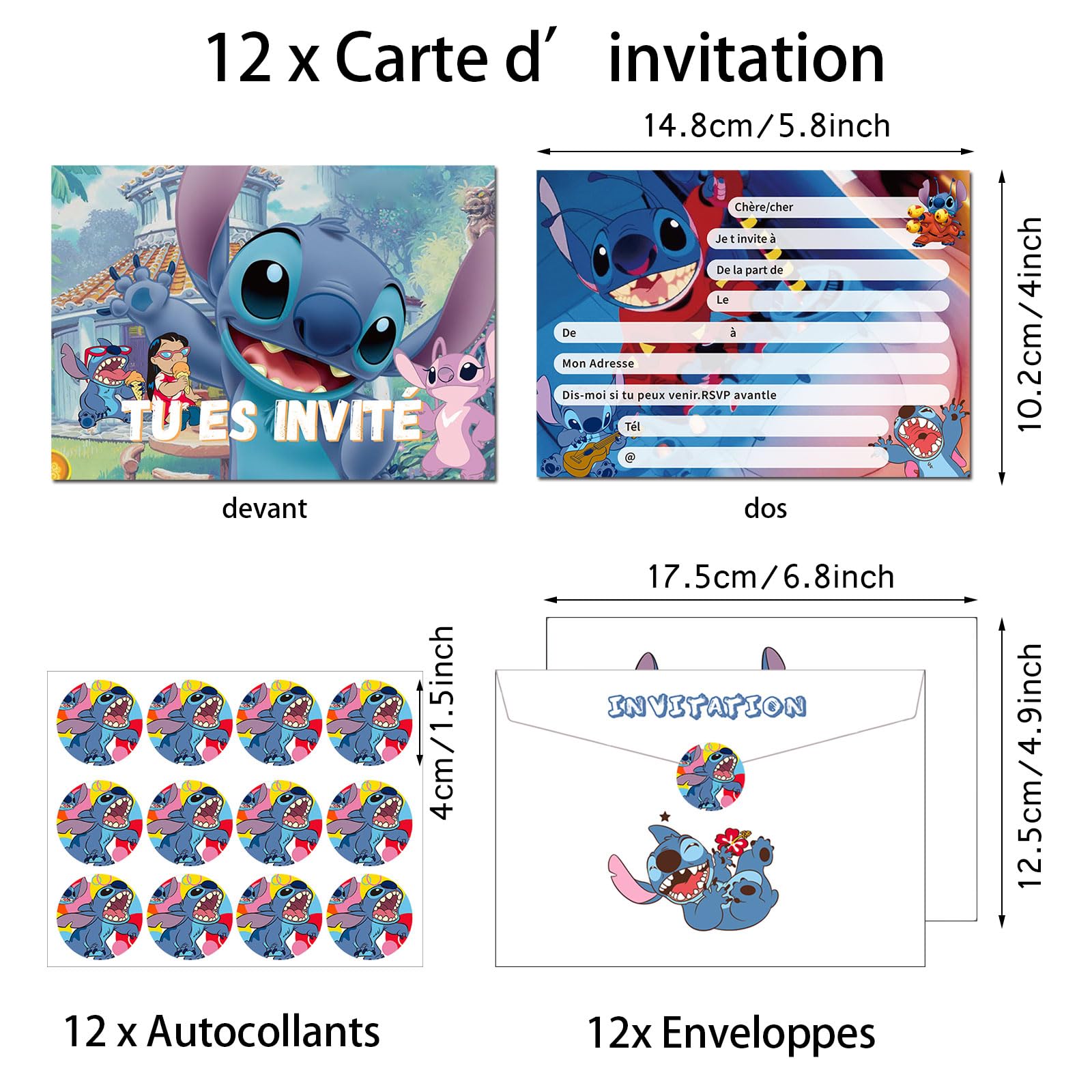 Invitation Stitch Invitation Anniversaire Garcon 12 Cartes Invitation Anniversaire Enfant - Thème Animé Carte Anniversaire Fille Nappe Pokemon Anniversaire