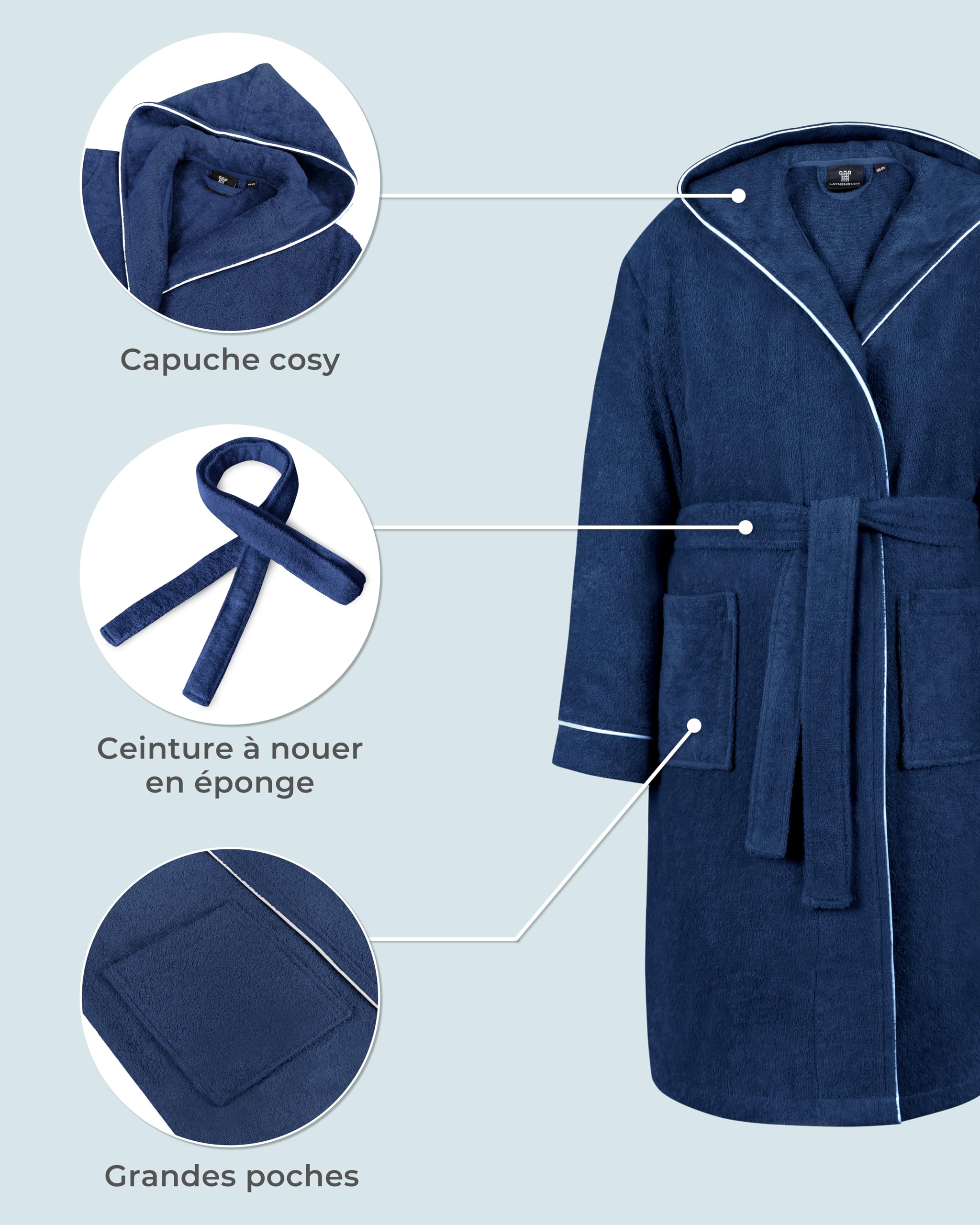 LAYNENBURG Premium Peignoir enfants & adolescents avec capuche - Fille et Garçon - 100% coton - OEKO TEX Standard 100 - Tissu éponge moelleuse - Taille 110 à 176