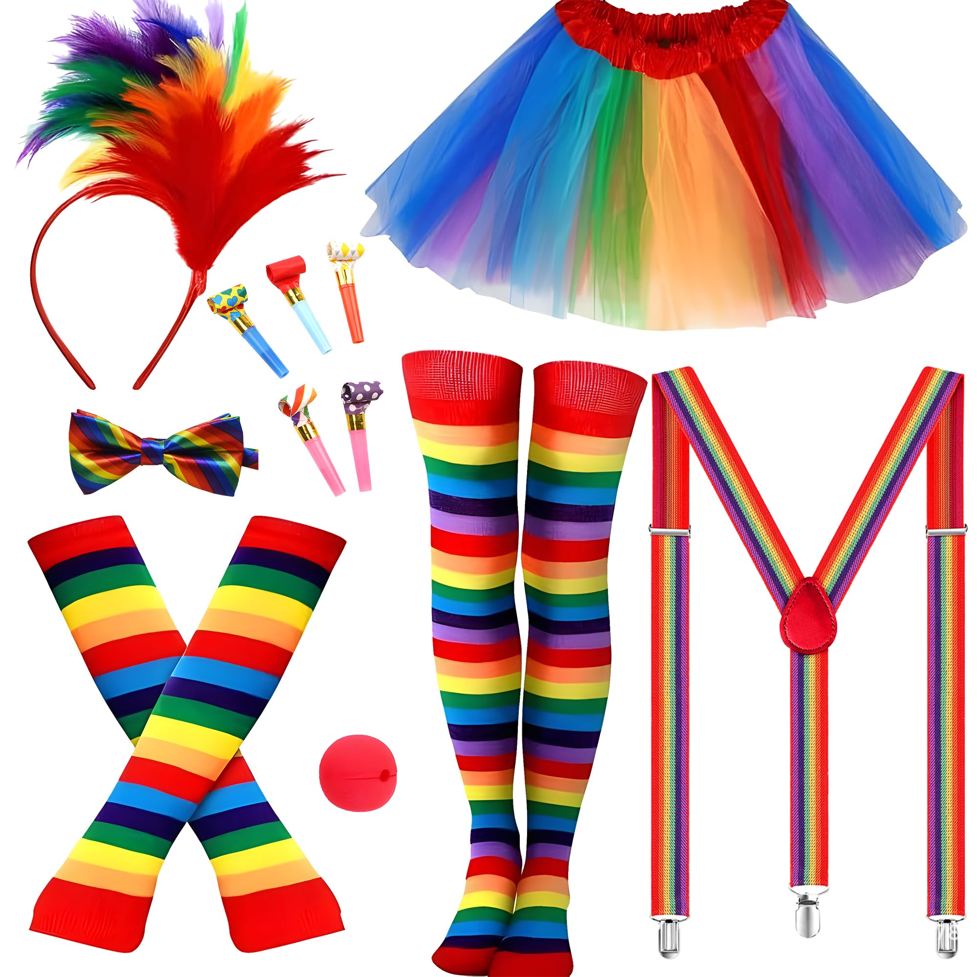 cadelon 12pcs Clown Costume Set for Women - Complete Clown Kit with Vibrant Rainbow Tutu Skirt, Premium Feather Headband & Accessories