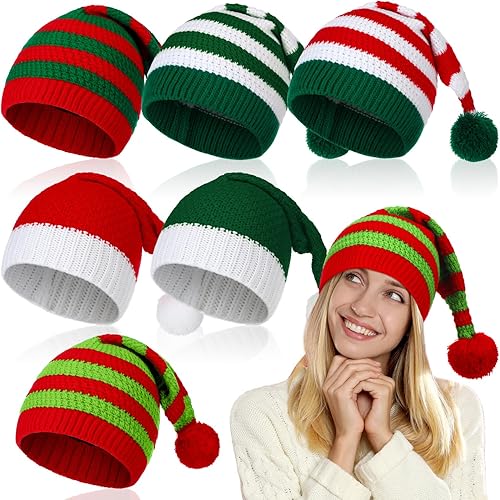 Funtery 6 piezas de sombreros de elfo de punto, sombrero de Papá Noel, sombreros de Navidad para adultos, gorro de ganchillo a granel, accesorios de