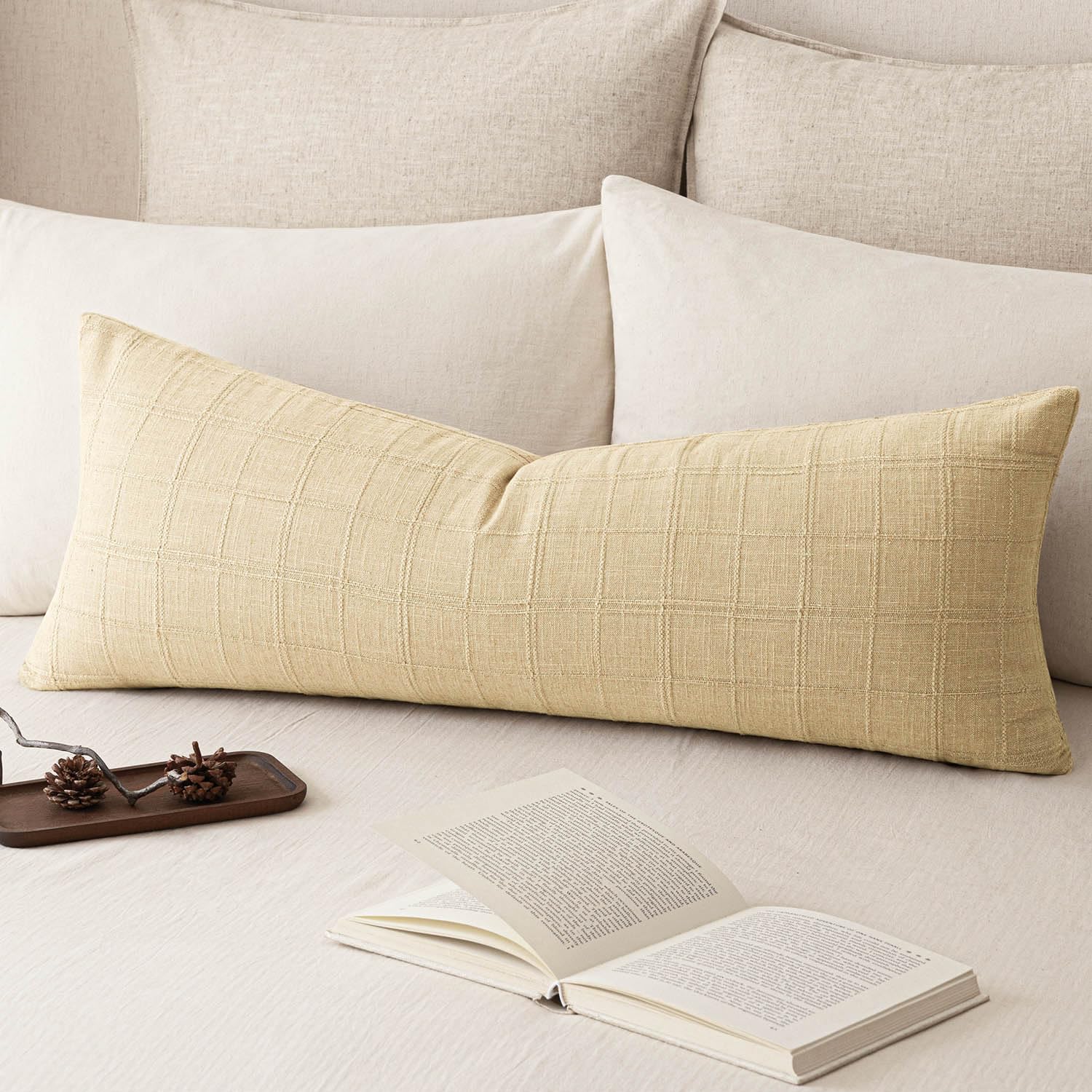 Foindtower Set of 1 Decorative Linen Check Throw Pillow Cover Neutral Long Body Lumbar Cushion Cover Farmhouse Vintage Boho Home Decor for Sofa Chair Couch Bedroom Living Room,14×36 Inch,Light Yellow