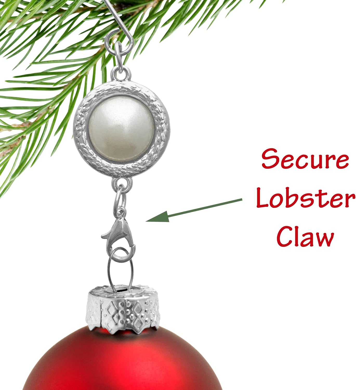 Pearl Christmas Ornament Hooks with S-Hook and Lobster Claw - Set of 24 - White Pearl with Silver Setting - Xmas Accessories & Accents for Ornaments - Crafting - 3" L