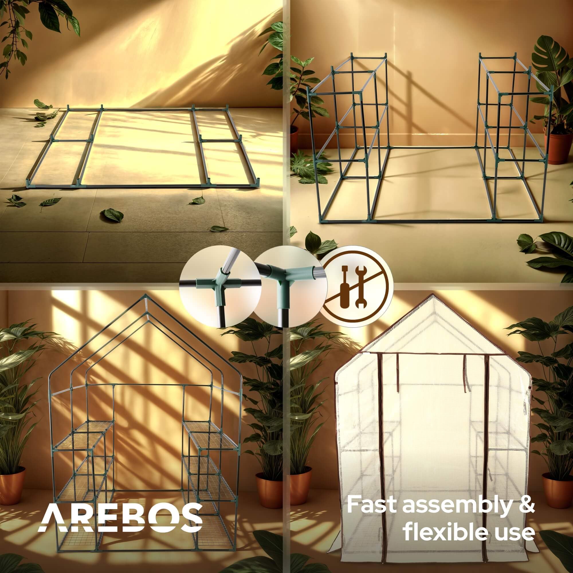 Arebos Szklarniafoliowa Premium z 3 poziomami - 143 x 143 x 195 cm z półkami i oknem wentylacyjnym - oszczędzająca miejsce